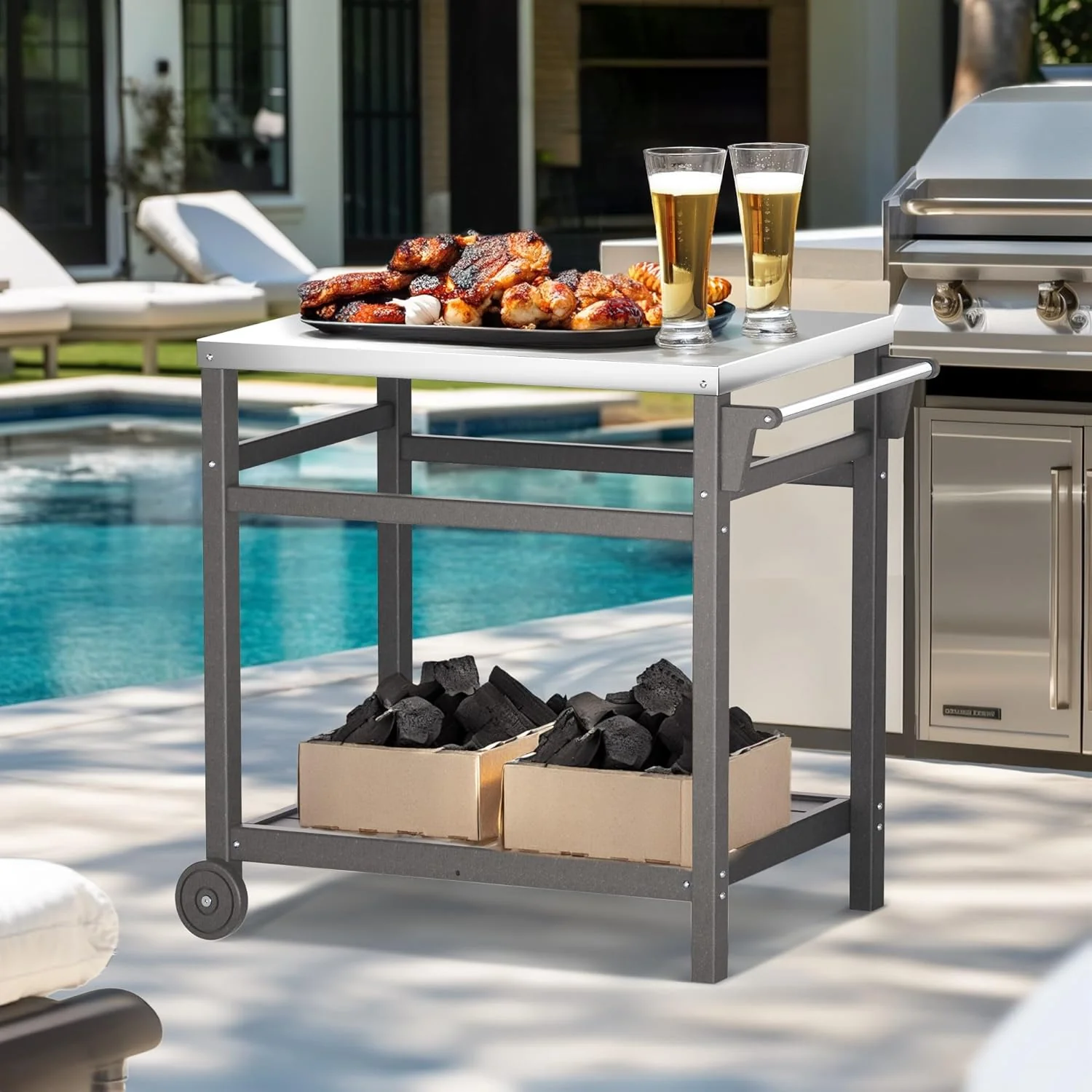 Outdoor Prep Cart Dining Table for Pizza Oven, Patio Grilling, and Backyard BBQ | Gray