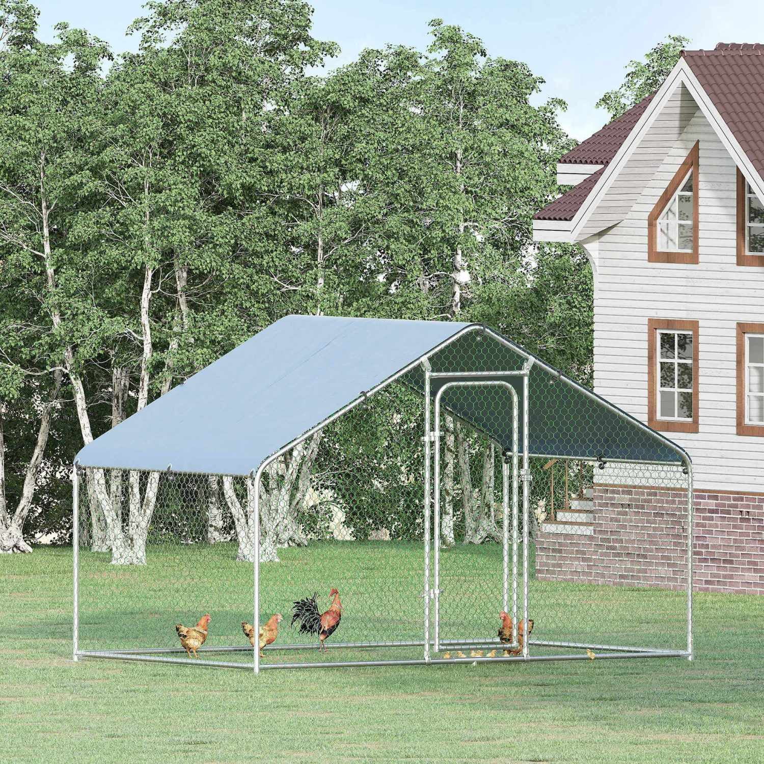 GFVCNIO PawHut Large Coop Metal Run with Waterproof and Anti-UV Cover Spire Shaped Walk-in Fence Cage Hen House for Outdoor and Yard Farm Use 1.26?? Tube Diameter 9.8?? x 6.6?? x 6.4??