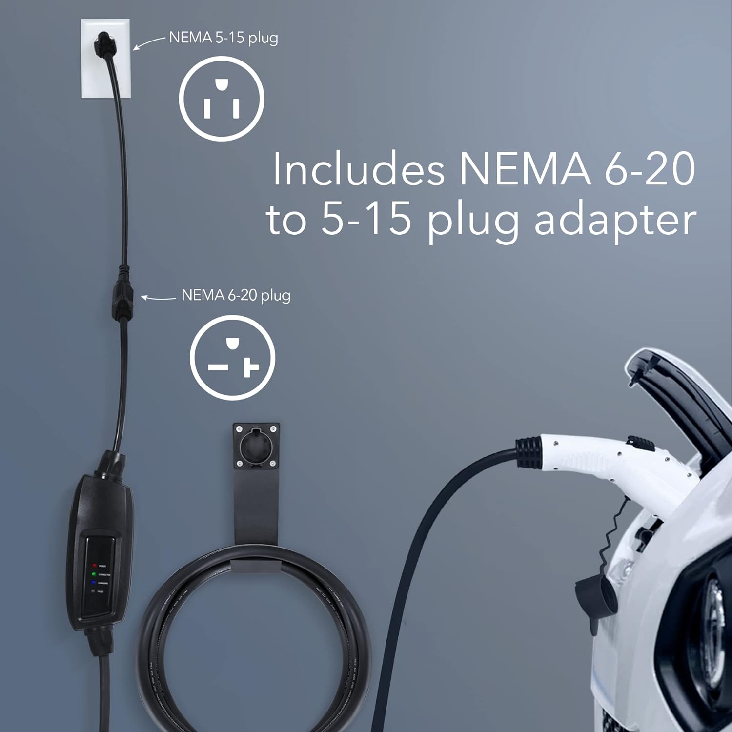 Lectron 16A Level 1 EV Charger, 110V, 21ft Cord, NEMA 5-15 Plug, J1772 Compatible, Fast Charging, Wall Mount