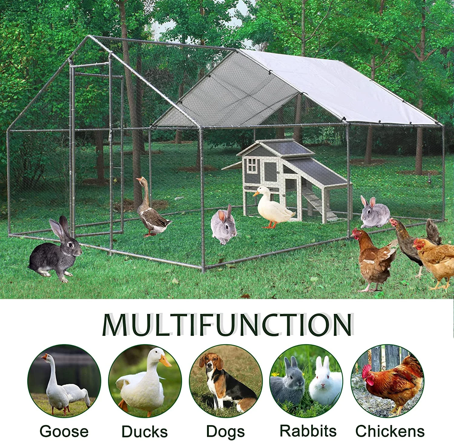Large Chicken Coop Metal Chicken Runs for Yard, 10' Walk in Chicken Coop Cage Chicken Pen Poultry Cage with Waterproof & Anti-UV Cover Heavy Duty Rabbit Hutch Duck Cage for Outdoor, Backyard and Farm