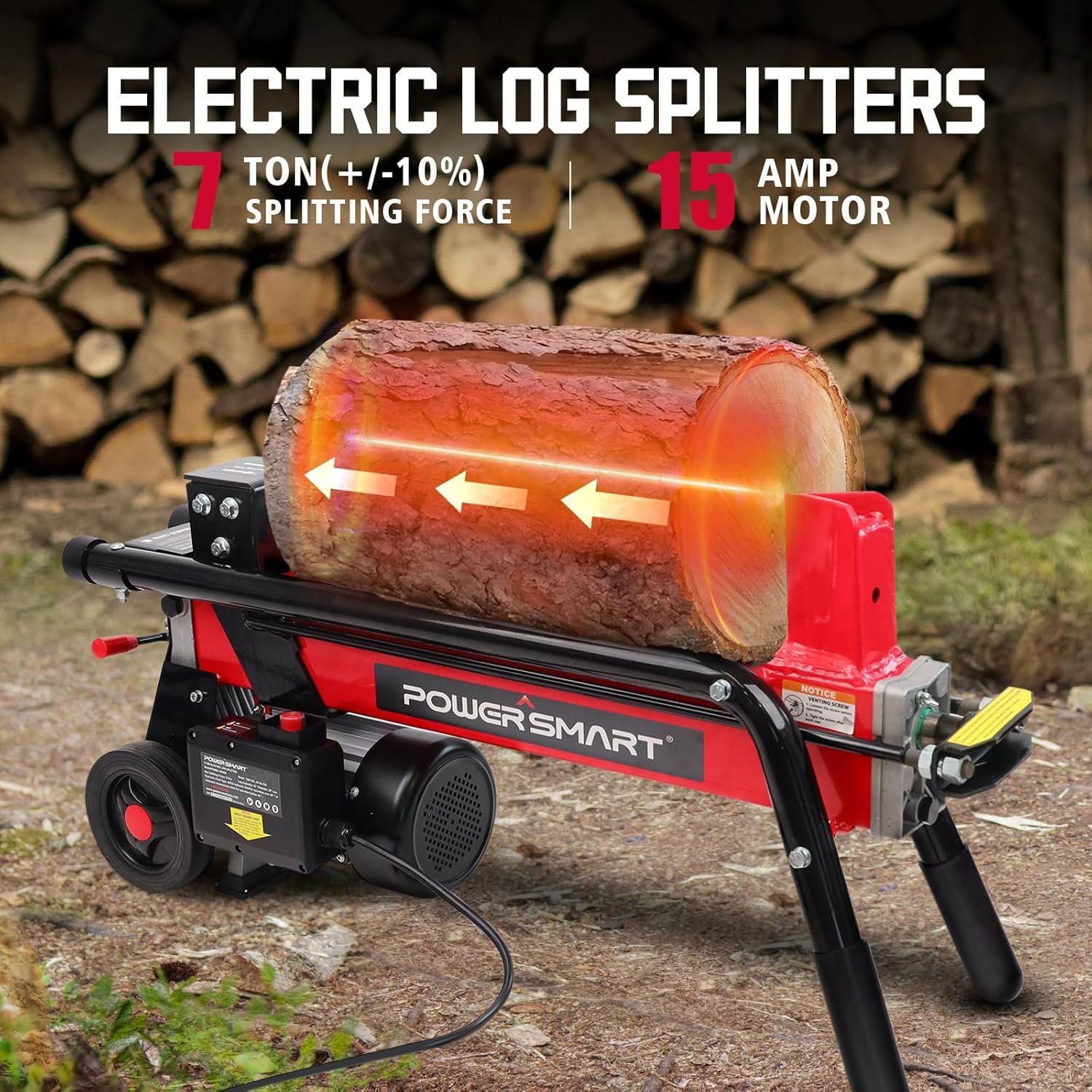 PowerSmart Electric Log Splitter 7-Ton �C Efficient Wood Splitter with 3500 Motor Speed, 15 Amp, Horizontal Full Beam Design and Steel Wedge for Firewood & Kindling Cutting