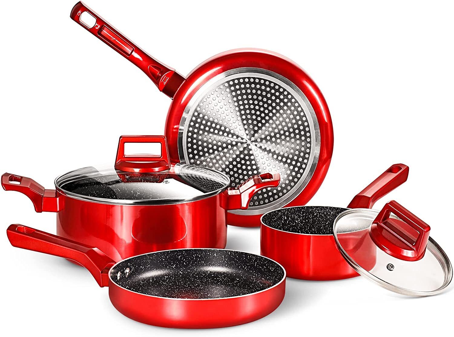 Red Nonstick Cookware Set  C 10 Pcs by [Brand Name], Induction Compatible, Chemical-Free, Includes Frying Pans, Saucepans, Saute Pan, Stock Pot