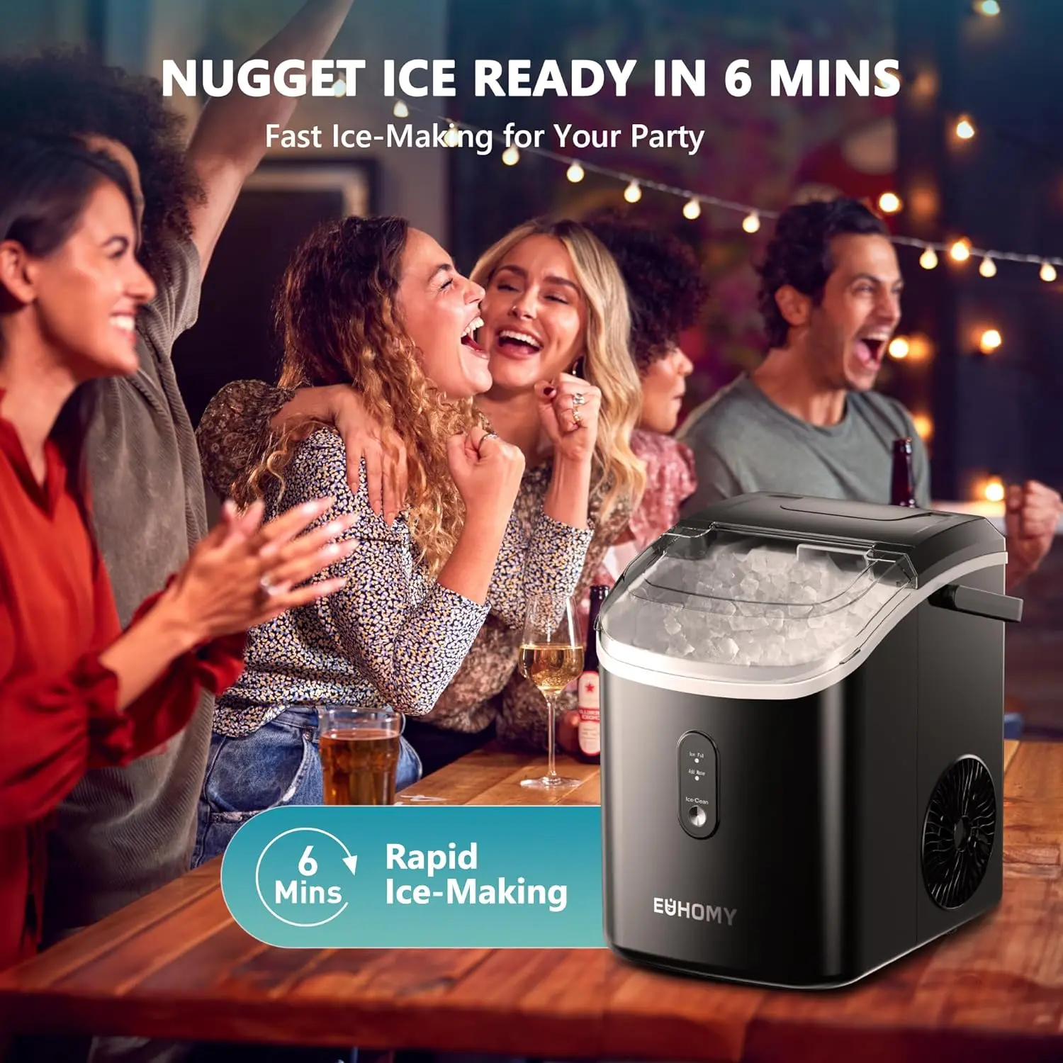 EUHOMY Nugget Ice Maker Countertop with Handle, Ready in 6 Mins, 34lbs/24H, Removable Top Cover, Auto-Cleaning, Portable Sonic Ice Maker with Basket and Scoop, for Home/Party/RV/Camping. (Black)