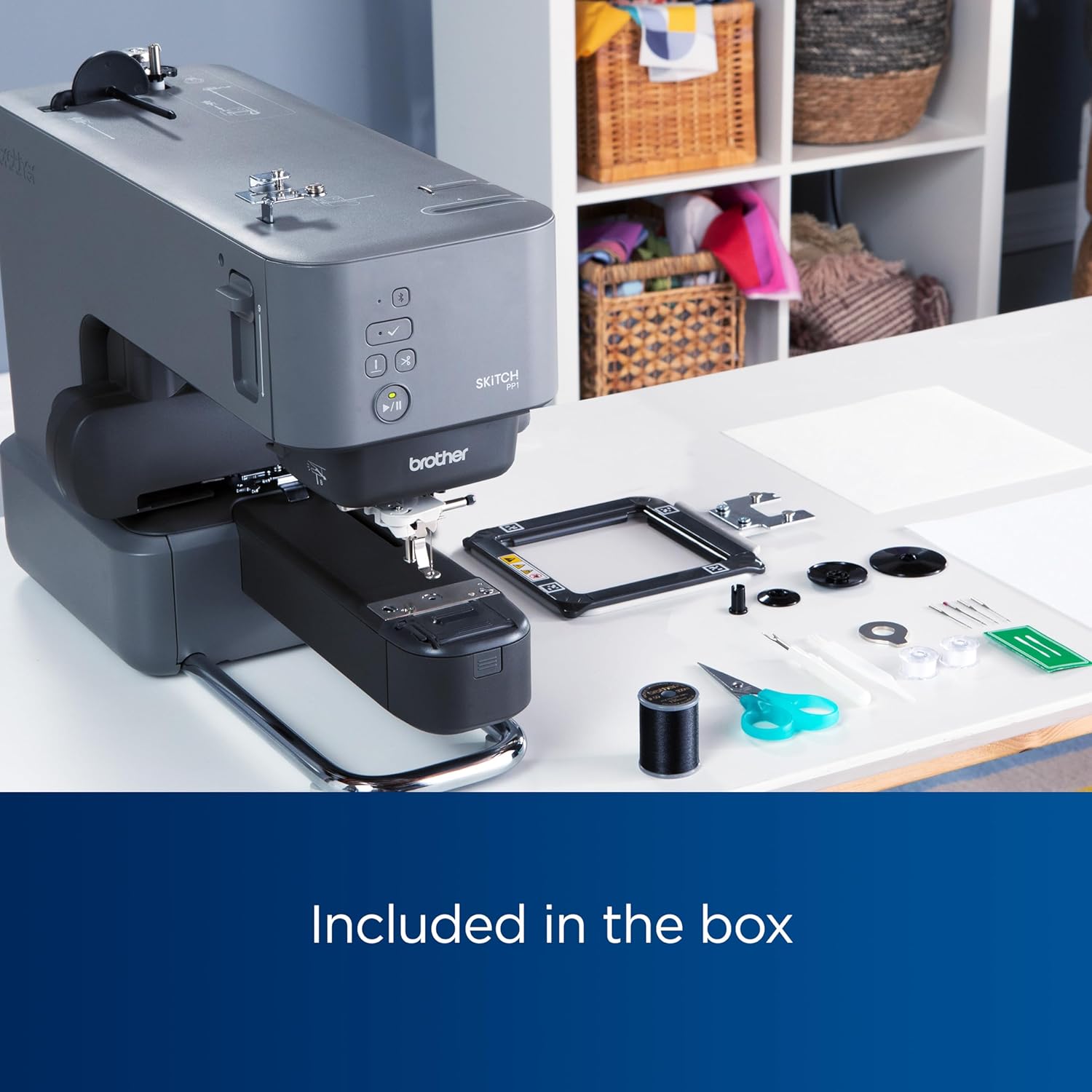 Skitch Single-Needle Embroidery Machine with Mobile App Support Bundle with Brother Magnetic SAMFP70 3 in. x 3 in. Embroidery Frame (2 Items)