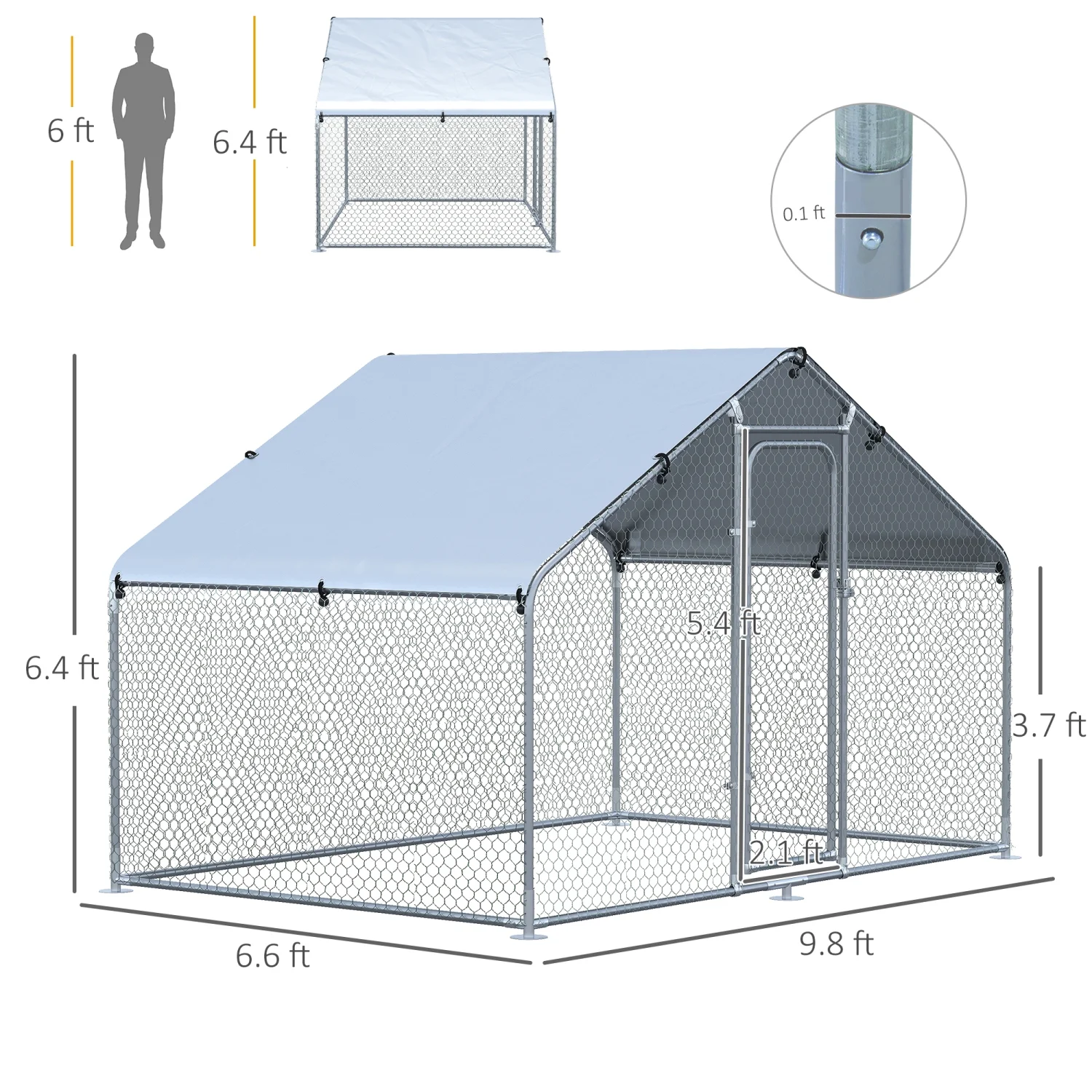 GFVCNIO PawHut Large Coop Metal Run with Waterproof and Anti-UV Cover Spire Shaped Walk-in Fence Cage Hen House for Outdoor and Yard Farm Use 1.26?? Tube Diameter 9.8?? x 6.6?? x 6.4??