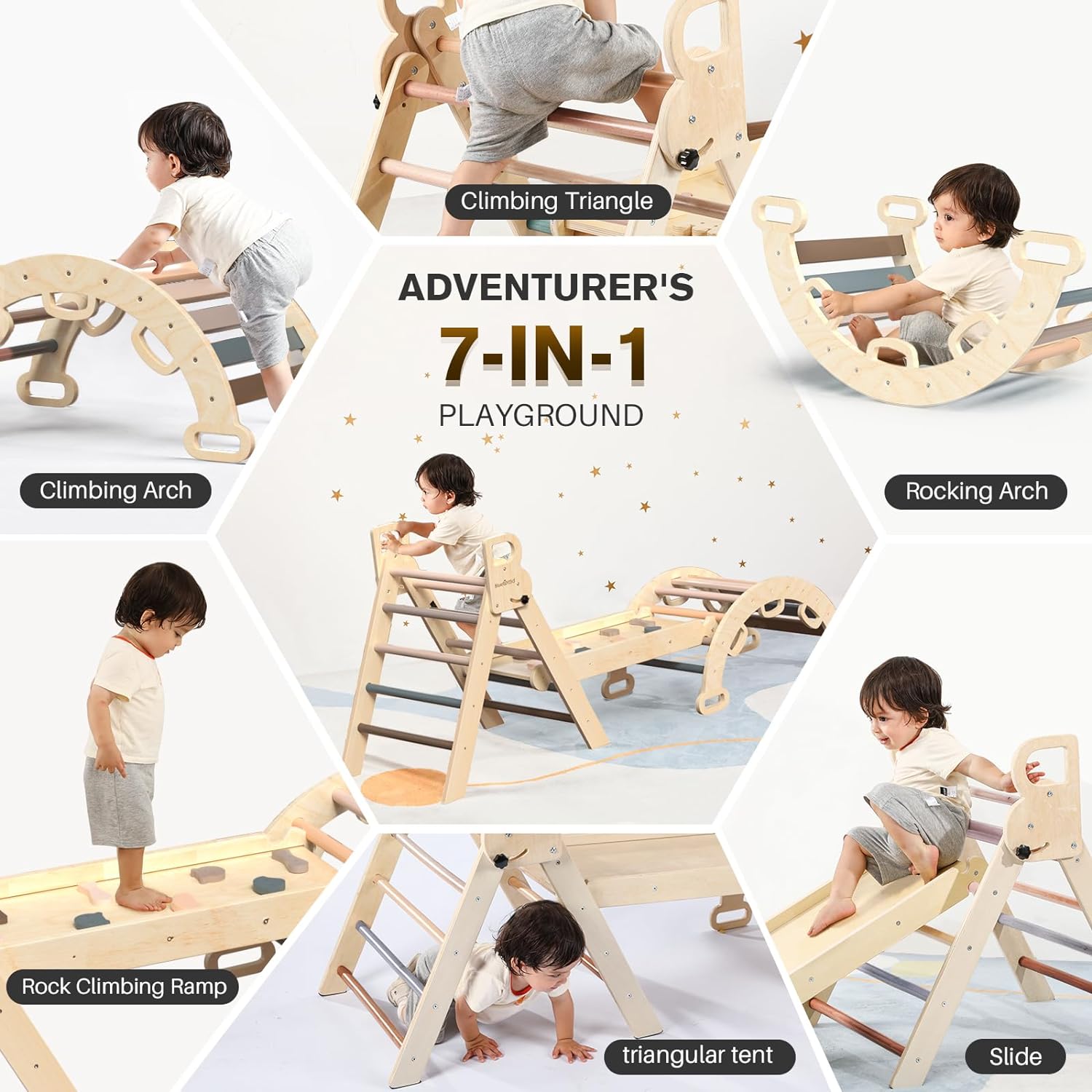 BlueWood 7-in-1 Foldable Pikler Triangle Set for Toddlers  C Wooden Montessori Climbing Toys with Slide, Arch & Ladder, Safe & Eco-Friendly Indoor Jungle Gym