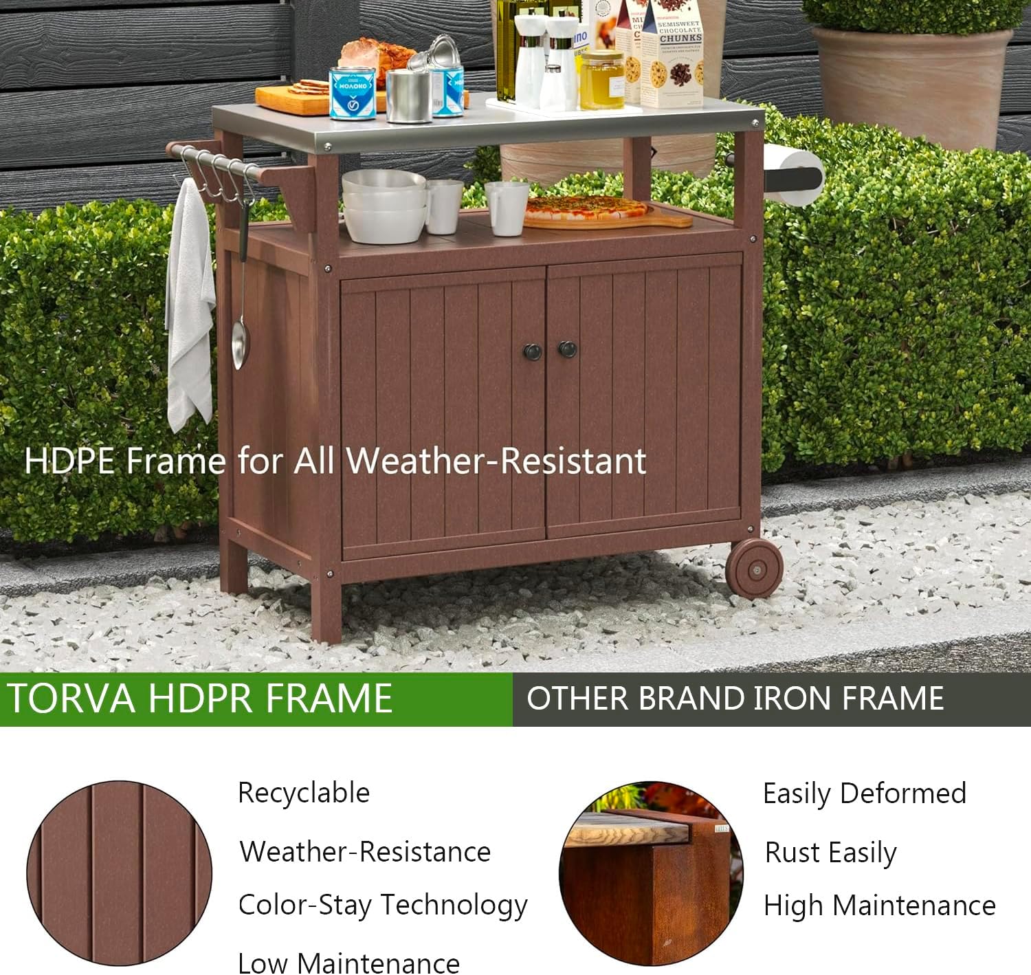 Portable Outdoor Grill Prep Table with Storage, Waterproof Grill Cabinet, Stainless-Steel Tabletop Kitchen Island, BBQ Cart with Wheels and Hooks | Brown