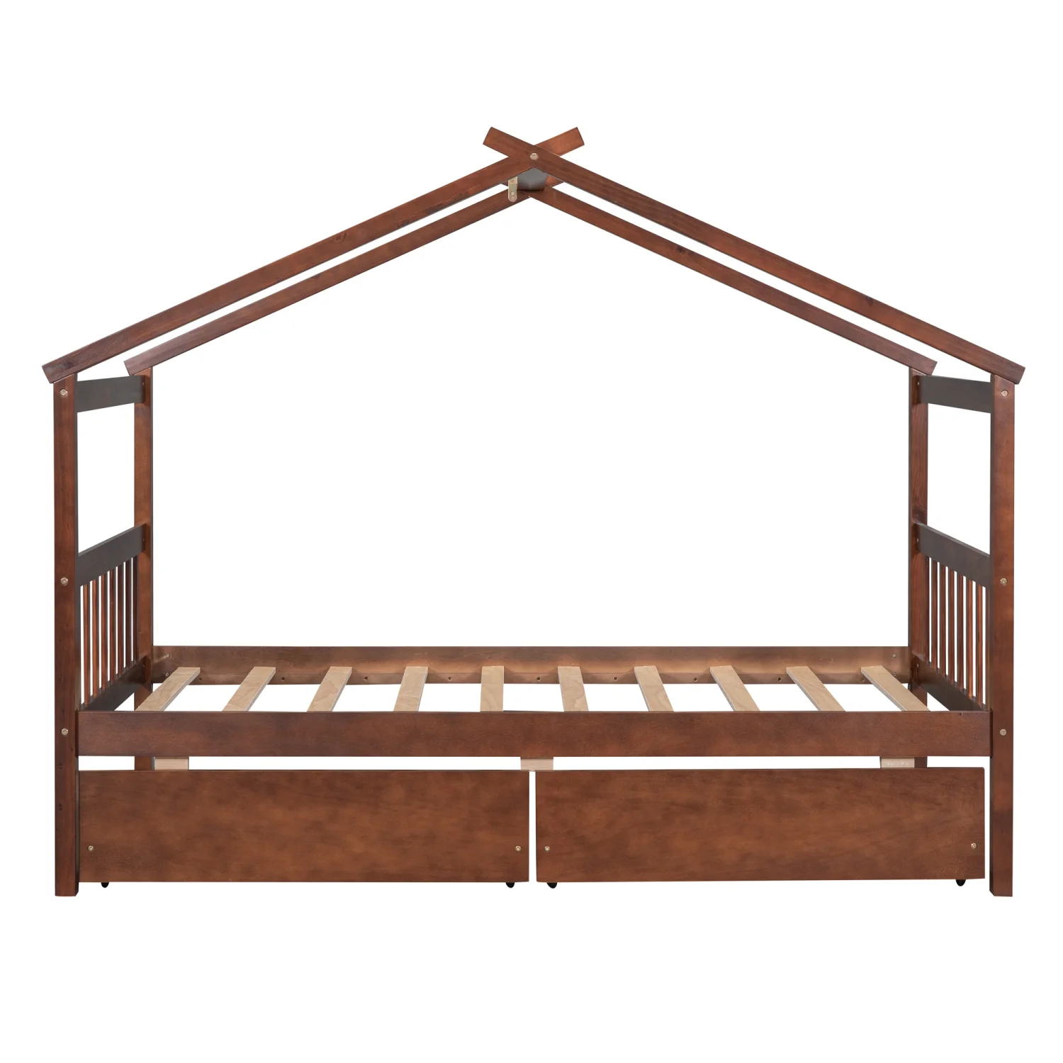 Upgrade your bedroom decor with this cozy and elegant Twin Size Wooden House Bed. Featuring spacious drawers and a stylish walnut finish this bed is the perfect addition to your bedroom.