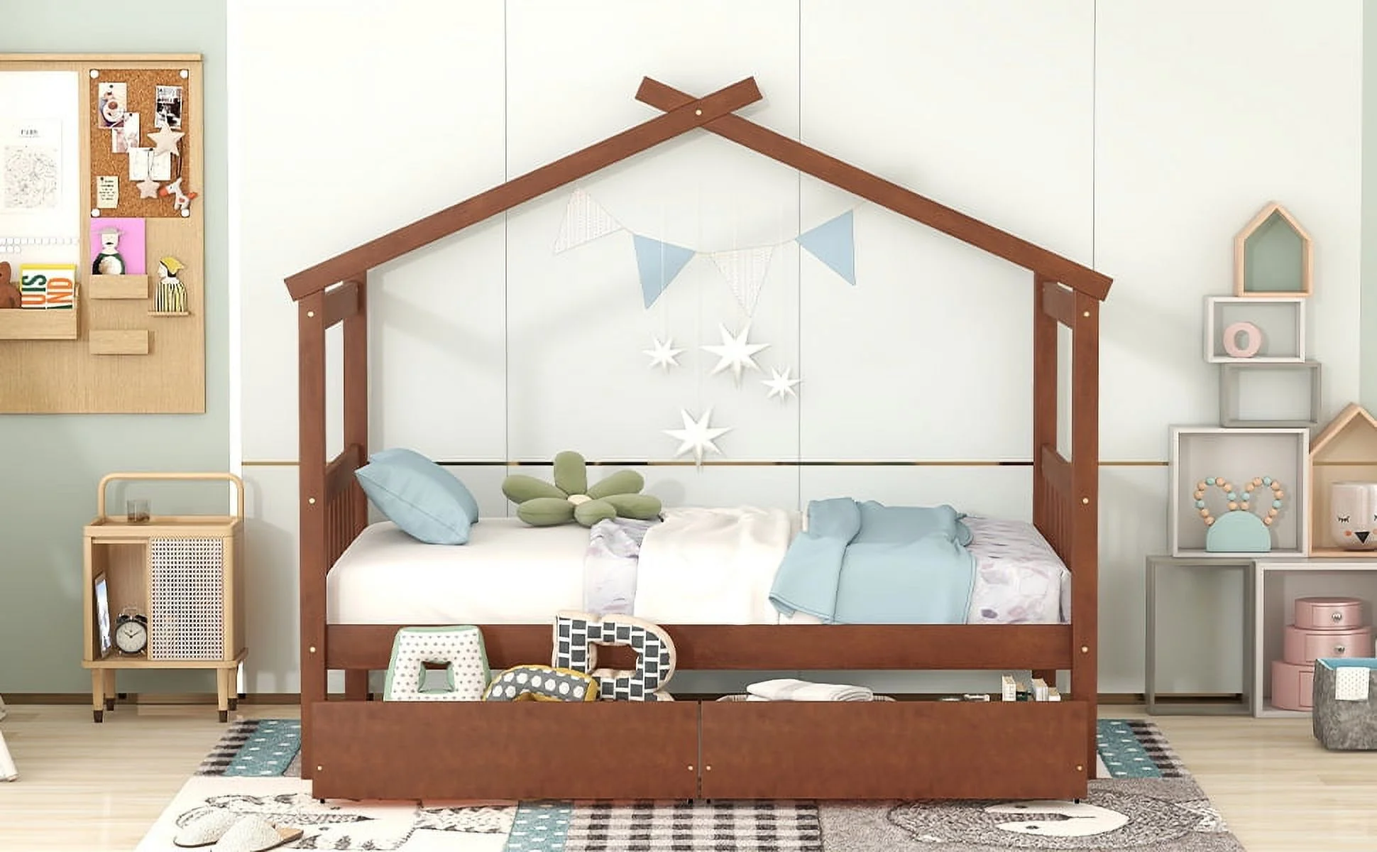Upgrade your bedroom decor with this cozy and elegant Twin Size Wooden House Bed. Featuring spacious drawers and a stylish walnut finish this bed is the perfect addition to your bedroom.