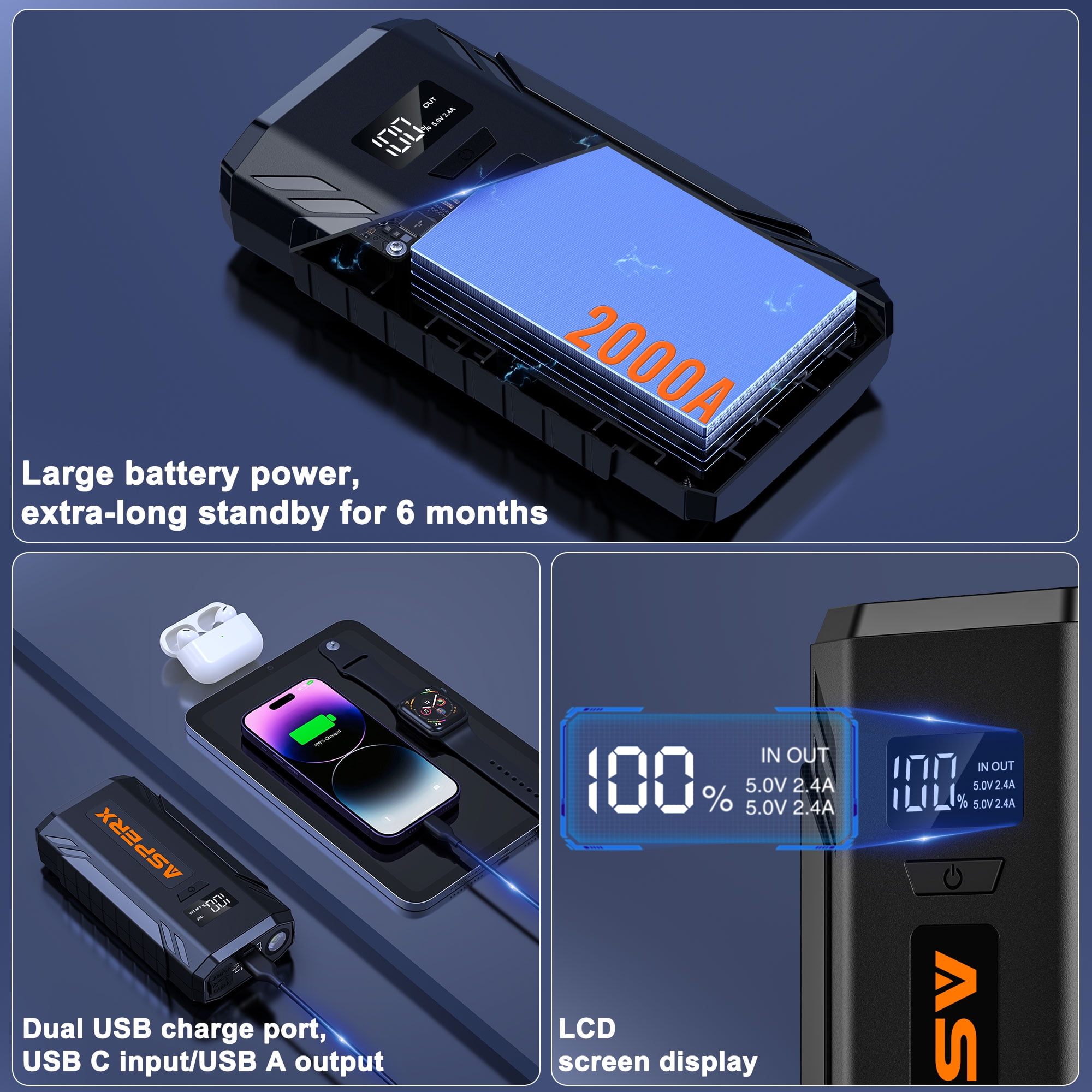 ASPERX AX2000 Car Jump Starter 2000A Peak for 8.0L Gas/6.5L Diesel, 12V Battery Booster with LED Light & Power Bank