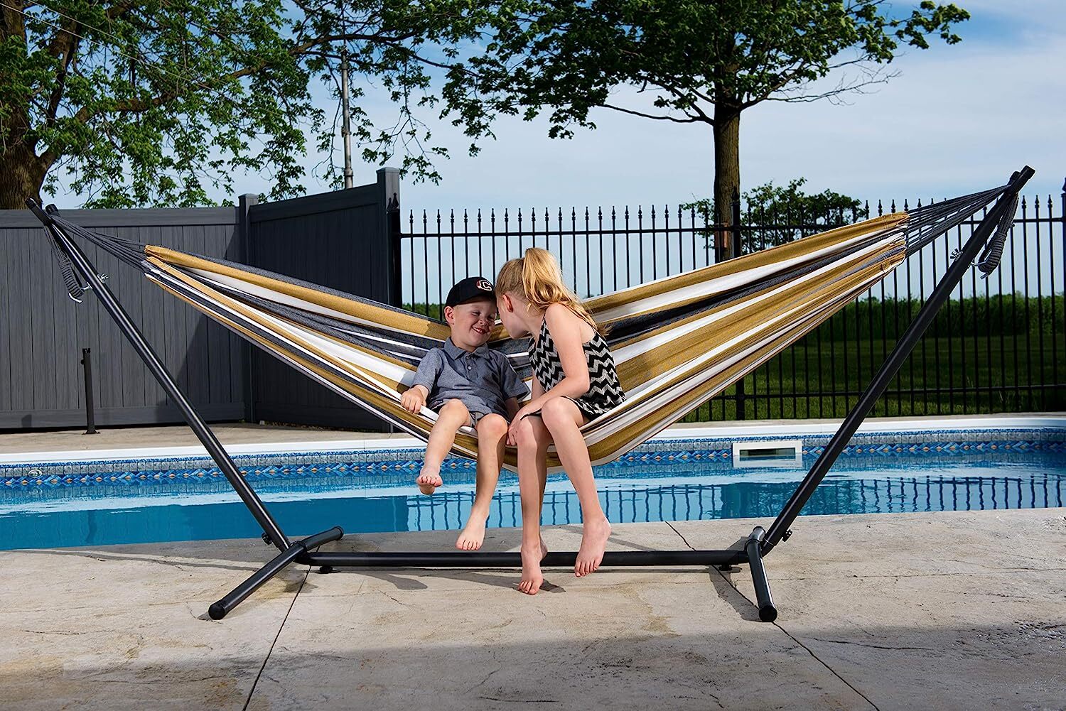 Vivere Double Cotton Hammock with Steel Stand, 450 lb Capacity, Tropical Colors, Includes Premium Carry Bag