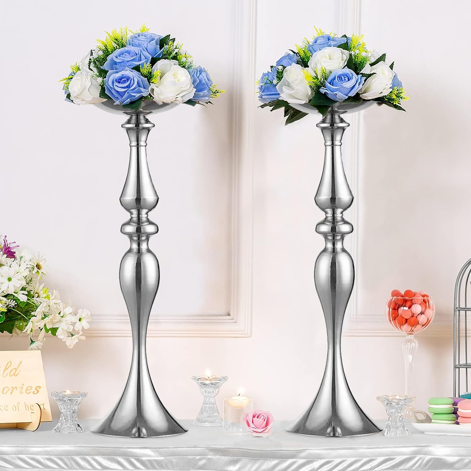 Elegant Silver Metal Wedding Centerpiece Stand 31.5     C Tall Tabletop Decor for Events & Parties