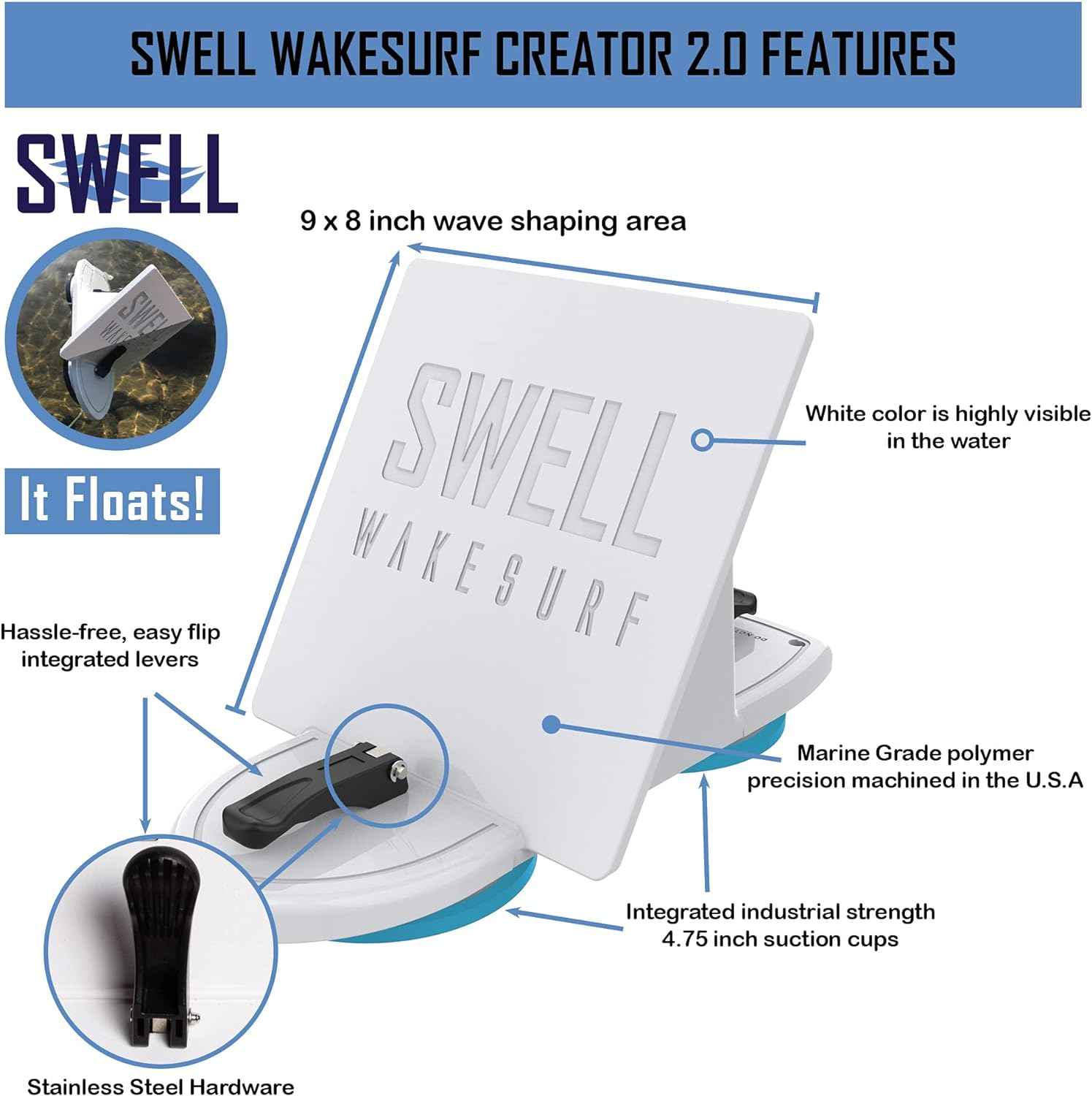 SWELL Wakesurf Creator FBA_1FT  C Durable Floating Wave Generator, White, Modern Style, Universal Boat Compatibility