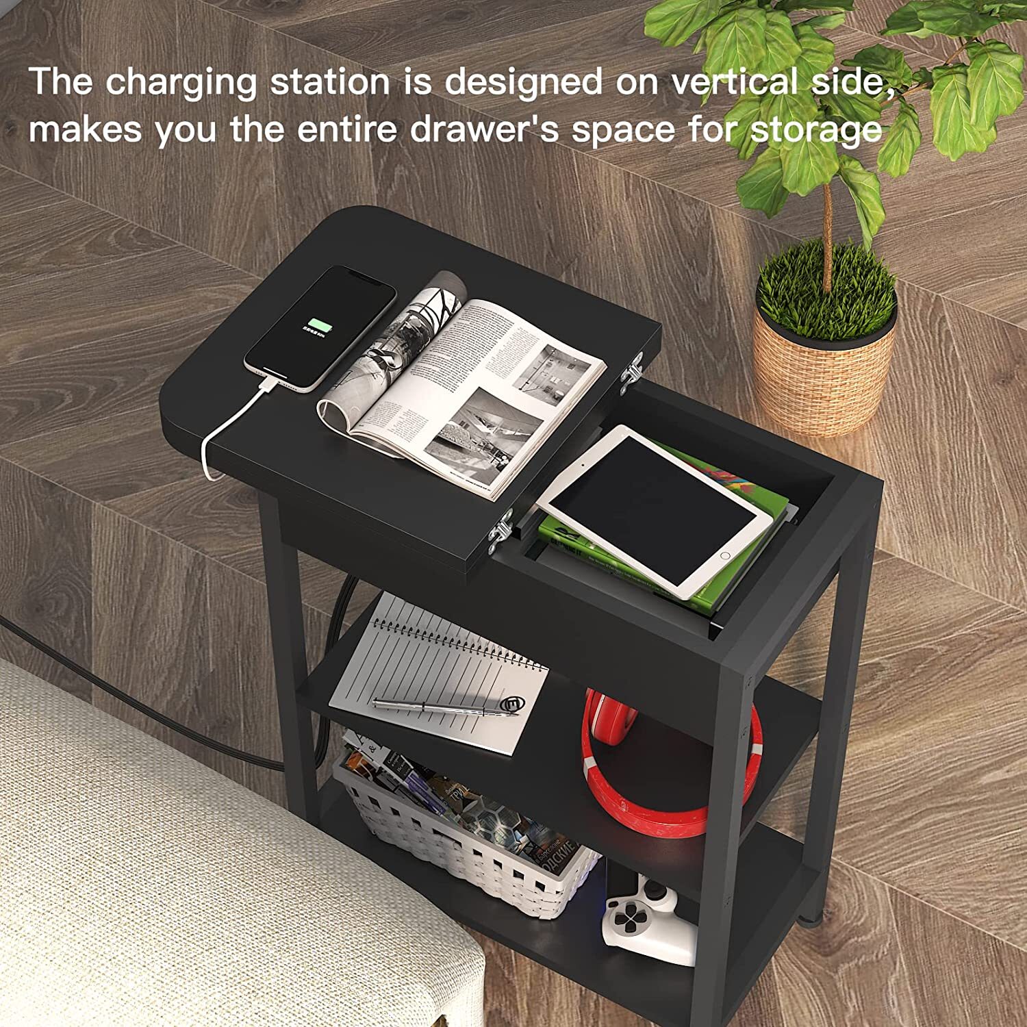 Flip Top End Table with Charging Station  C USB Ports & Outlets, Storage Shelf, Ideal for Living Room & Bedroom by [Brand Name]