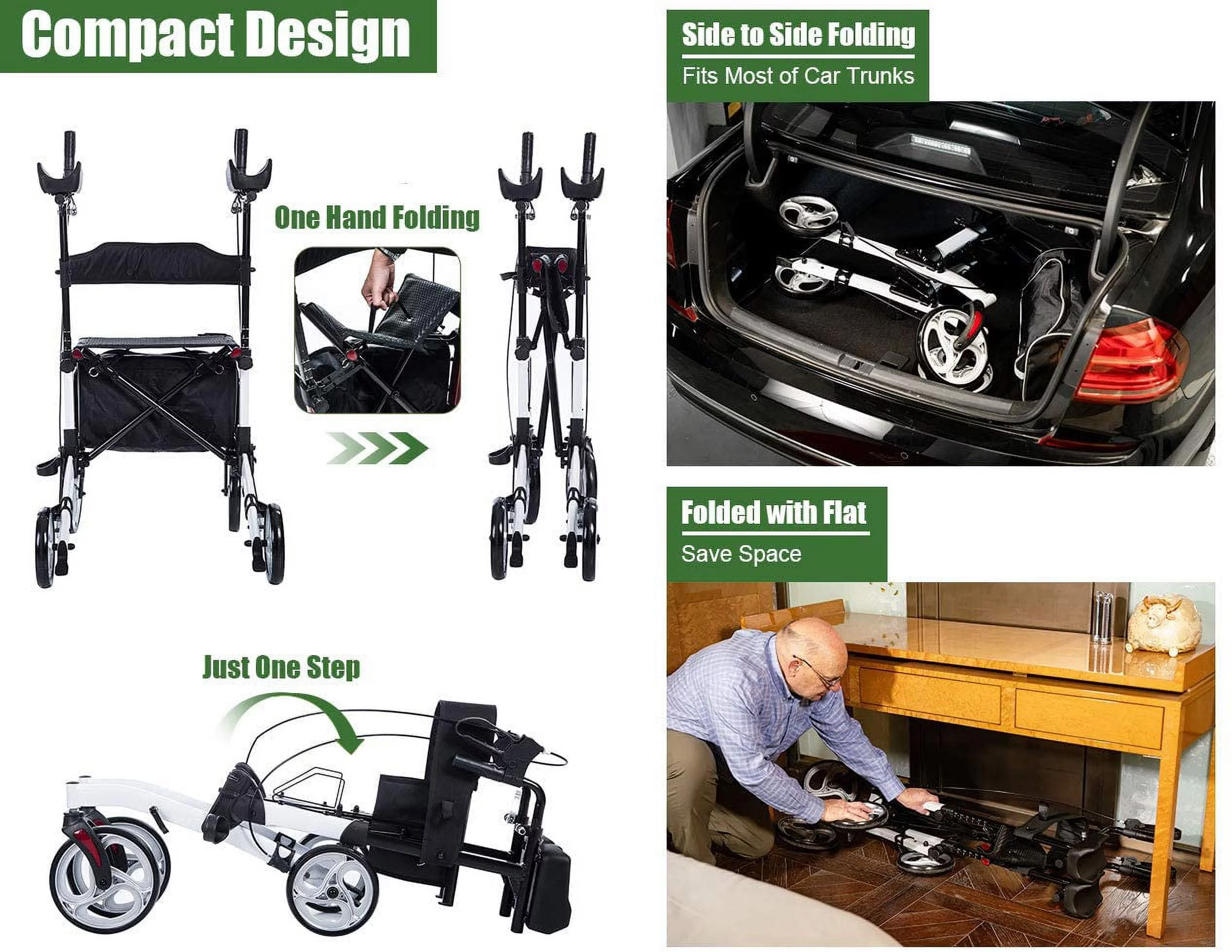 BEYOUR WALKER Upright Walker, 10    Wheels, Adjustable Armrest, Foldable Rollator for Seniors, White
