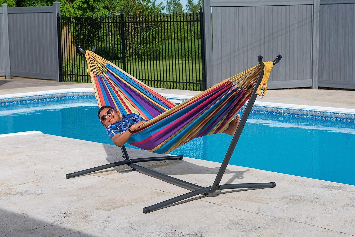 Vivere Double Cotton Hammock with Steel Stand, 450 lb Capacity, Tropical Colors, Includes Premium Carry Bag