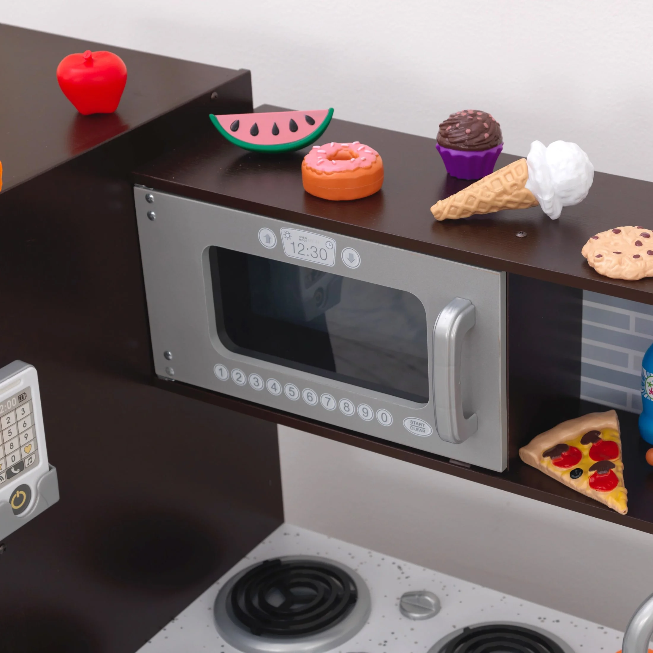 KidKraft Uptown Espresso Wooden Play Kitchen Set with 30-Piece Food Accessories, Chalkboard & Granite-Style Countertops