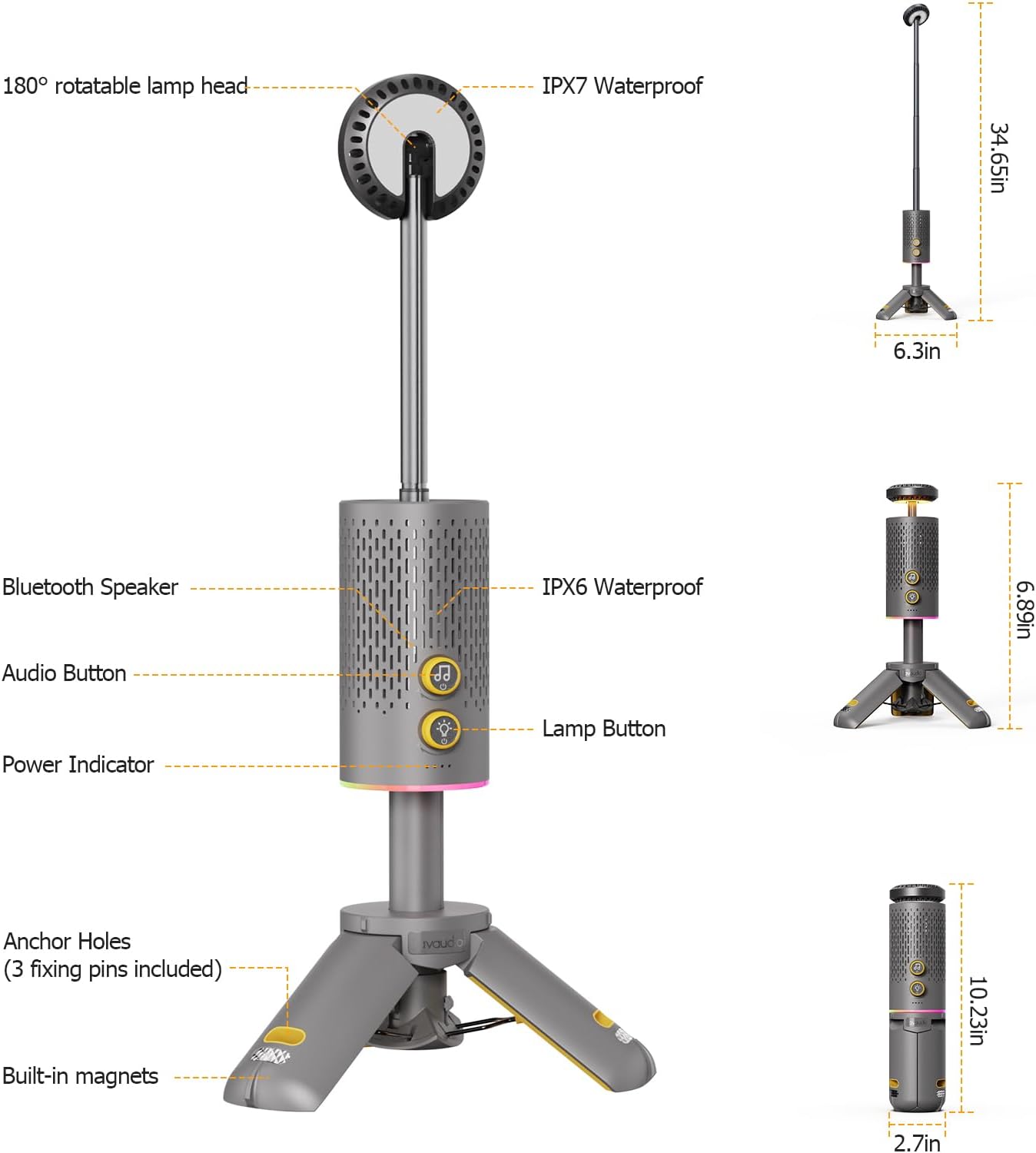 Grey & Green Bundle, Camping Light Rechargeable, Telescopic & Collapsible Outdoor Camping Lantern with Bluetooth Speaker, IPX7 Waterproof Flash Light for Hiking, Camping, Travel