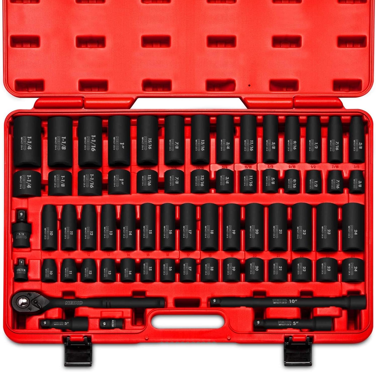 Chrome Vanadium Impact Socket Set 1/2    Drive, 65-Piece, SAE & Metric, Deep & Shallow, Includes Adapters & Ratchet Handle