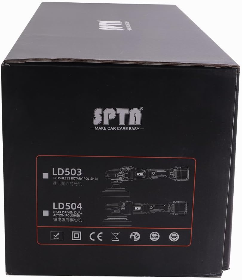 SPTA 18V Cordless Car Polisher Kit, 15mm Orbit, 2000-4800 RPM, 7-Speed, 2 Batteries, 6 Pads, Tool Bag Included