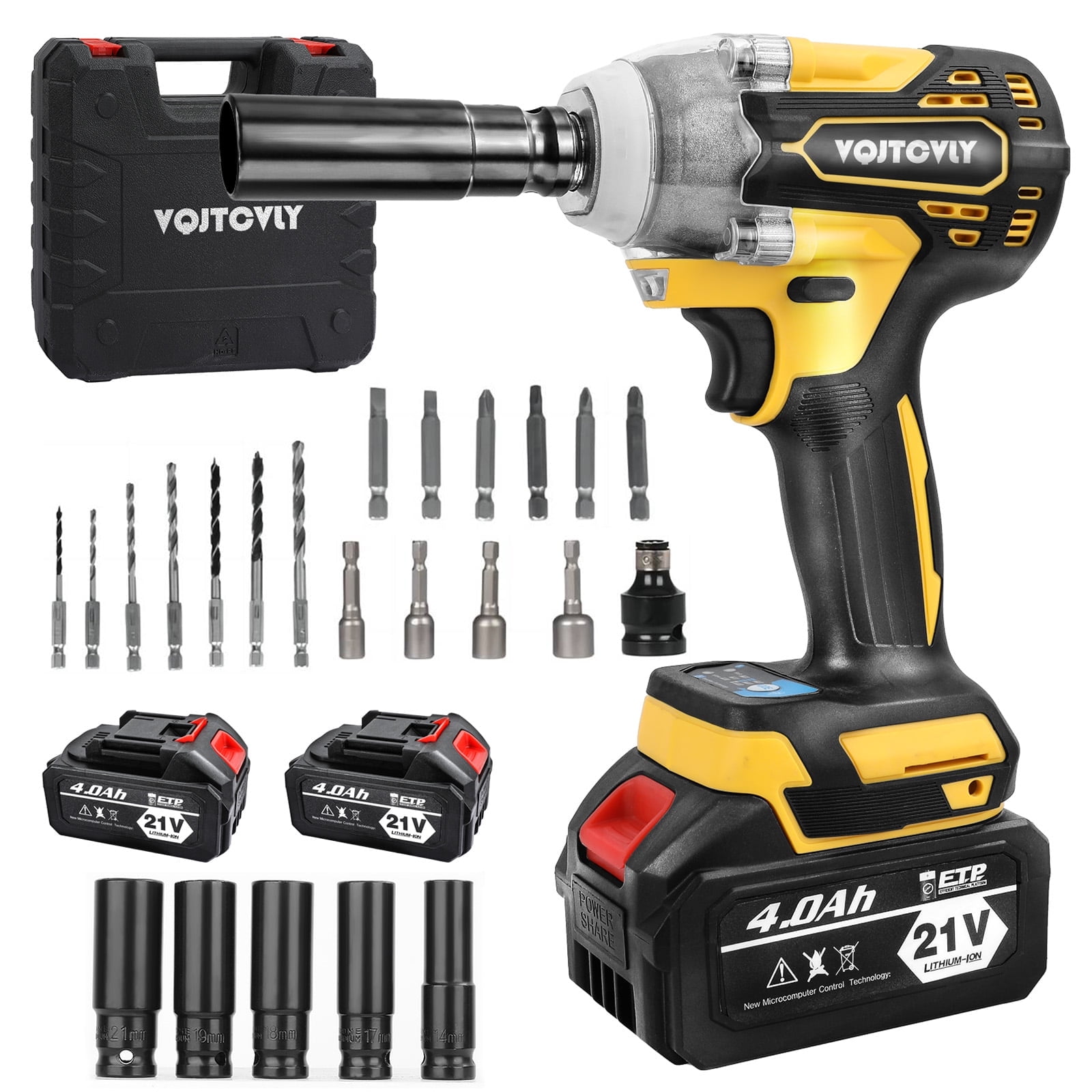 VQJTCVLY 21V Brushless Cordless Impact Wrench 1/2��� with 2x 4.0Ah Batteries, 5 Sockets, 7 Drill Bits, Yellow