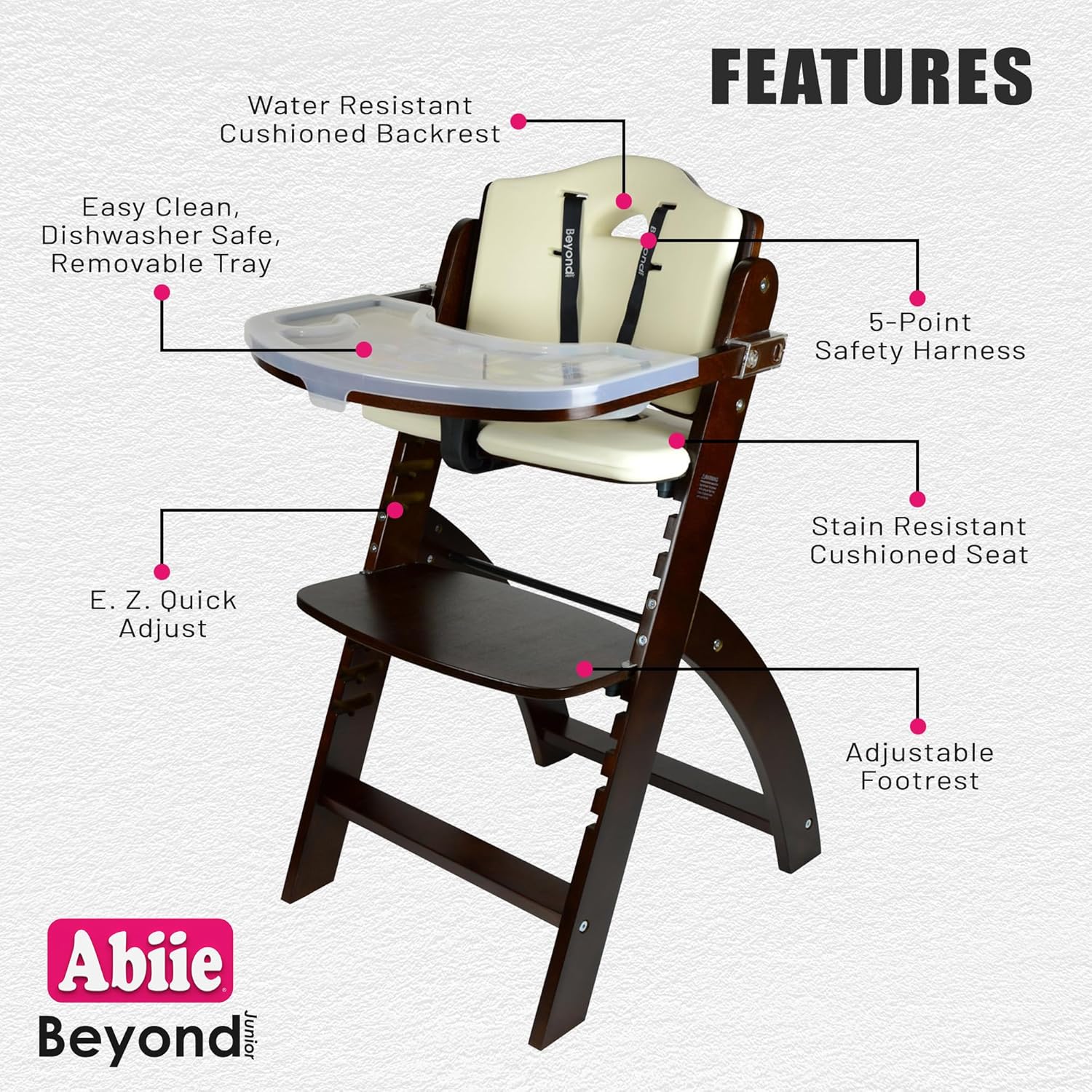 Abiie Beyond Junior High Chair, Adjustable Wood, Dove Grey Cushion, 250 lb Capacity, Stain & Water Resistant