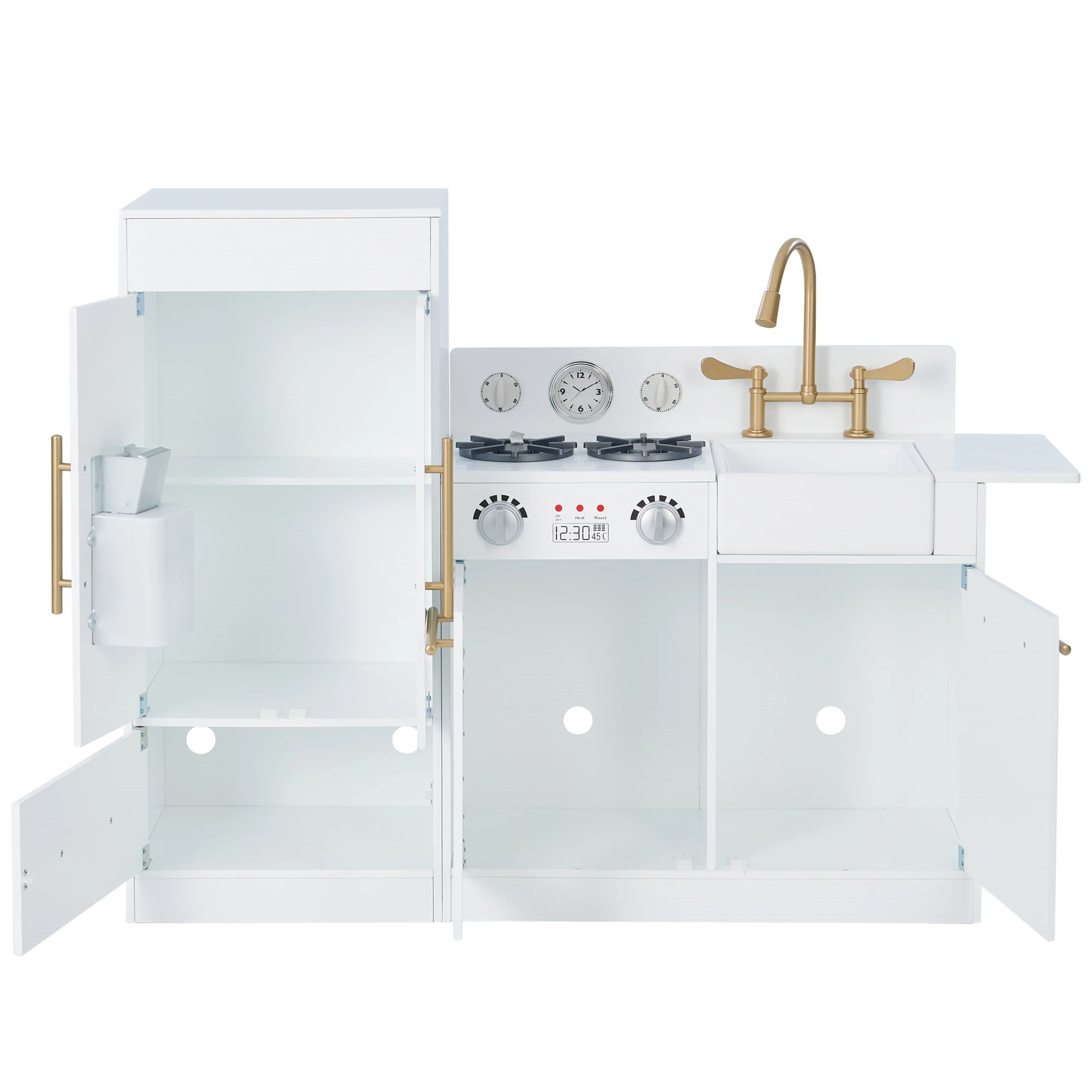 Teamson Kids Little Chef Charlotte Modern Play Kitchen with Free-Standing Refrigerator, Separate Kitchenette Unit, & Interactive Features, White/Gold