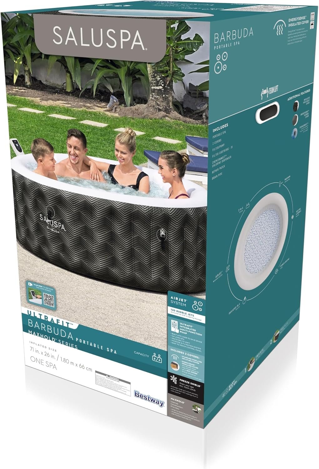 Bestway SaluSpa Miami EnergySense AirJet Inflatable Hot Tub Spa (71��� x 26���) | Portable Hot Tub with 2 Covers (1 Energy-Efficient Thermal Cover and 1 Standard Cover) | Fits Up to 2-4 Persons | Black