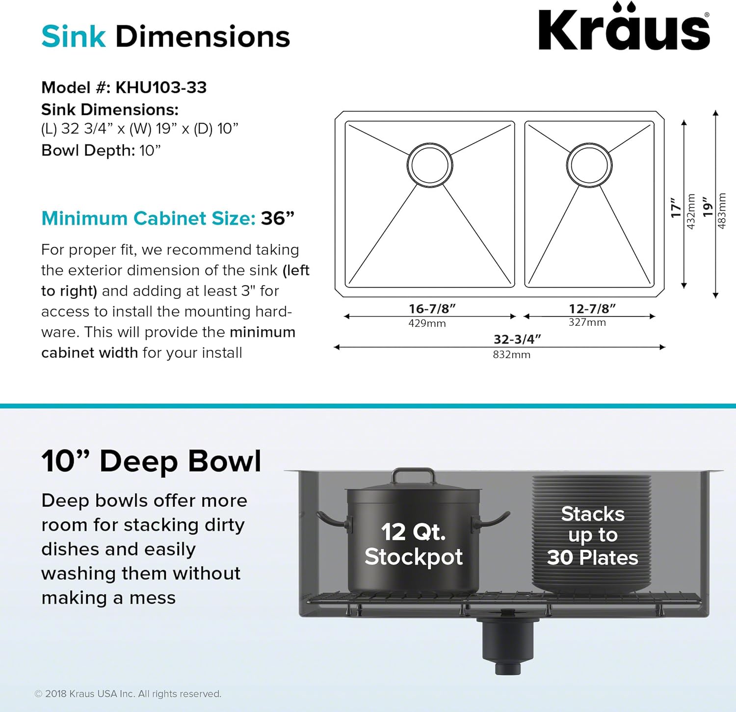 KHU100-32 Standart PRO 16 Gauge Undermount Single Bowl Stainless Steel Kitchen Sink, 32 Inch