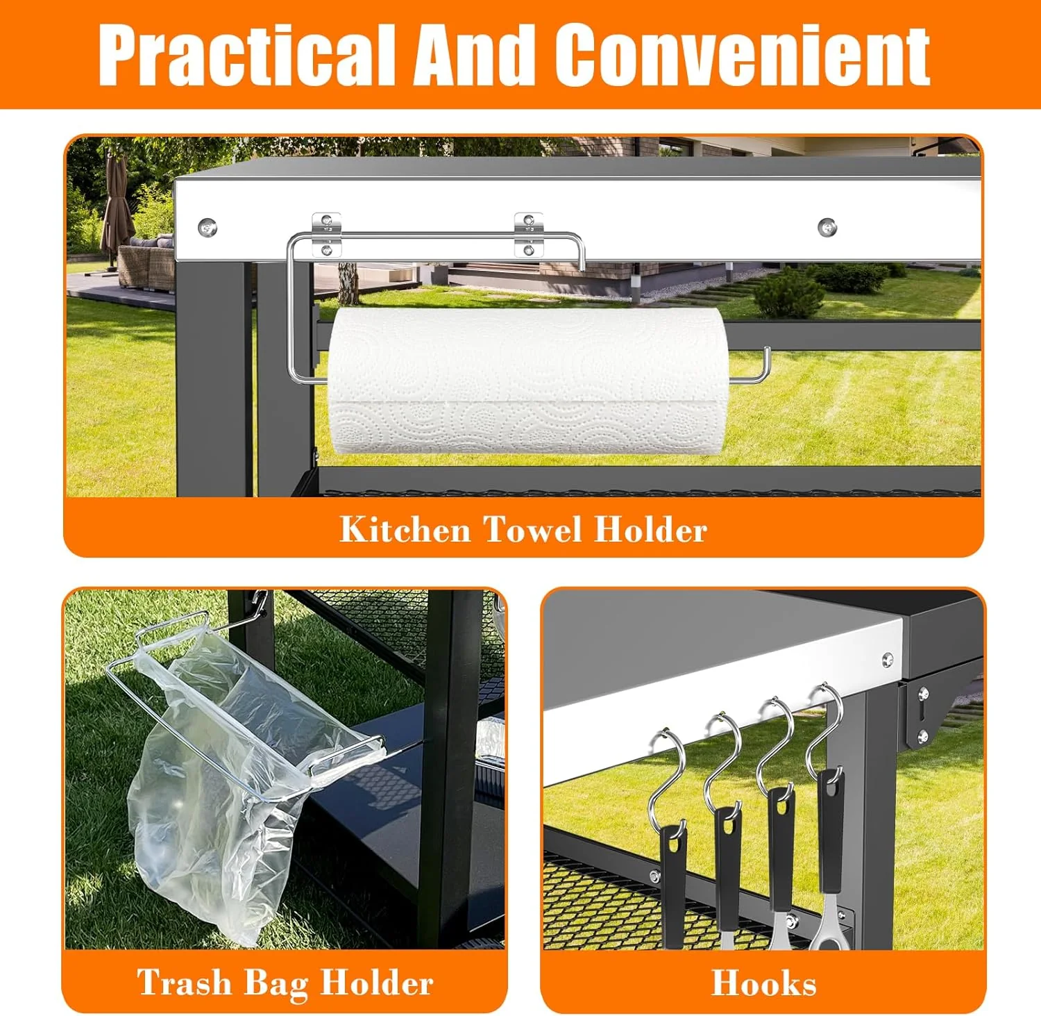 Outdoor Grill Cart with Three-Shelf Food Prep Table and Drawer