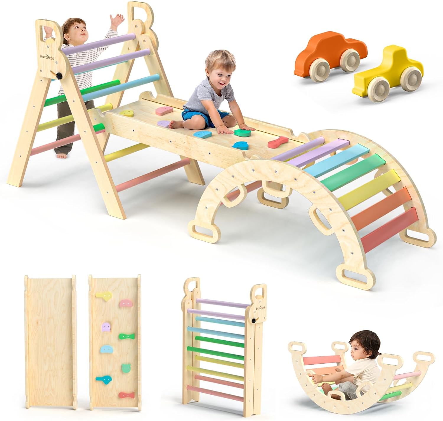 BlueWood 7-in-1 Foldable Pikler Triangle Set for Toddlers  C Wooden Montessori Climbing Toys with Slide, Arch & Ladder, Safe & Eco-Friendly Indoor Jungle Gym