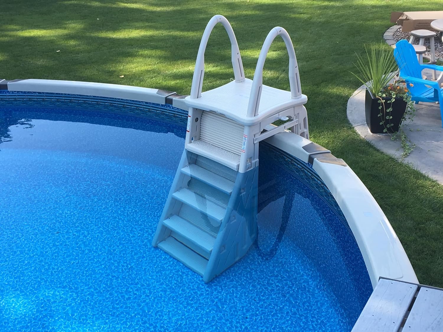 Confer Plastics 7200 Roll Guard 48��� to 56��� Adjustable A Frame Safety Ladder for Above Ground Outdoor Patio Swimming Pool Platform Ladder with Step Barrier, Warm Grey...