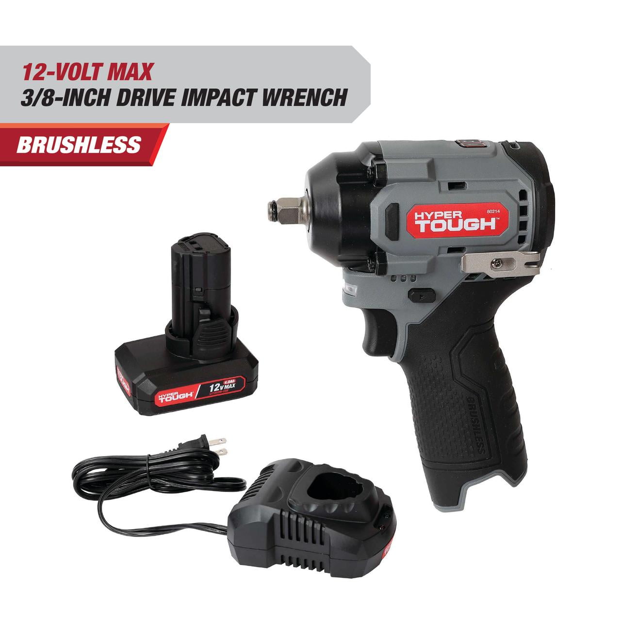 Hyper Tough 12V Cordless Brushless Impact Wrench, 225 ft-lbs Torque, 4.0Ah Battery & Charger Included, 3/8��� Drive