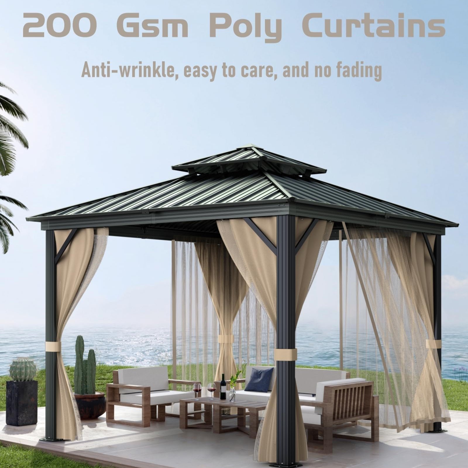 10��x10�� Hardtop Gazebo with double metal roof, aluminum frame, net, and curtain. All-weather, ideal for patio, deck, garden, backyard. Khaki.