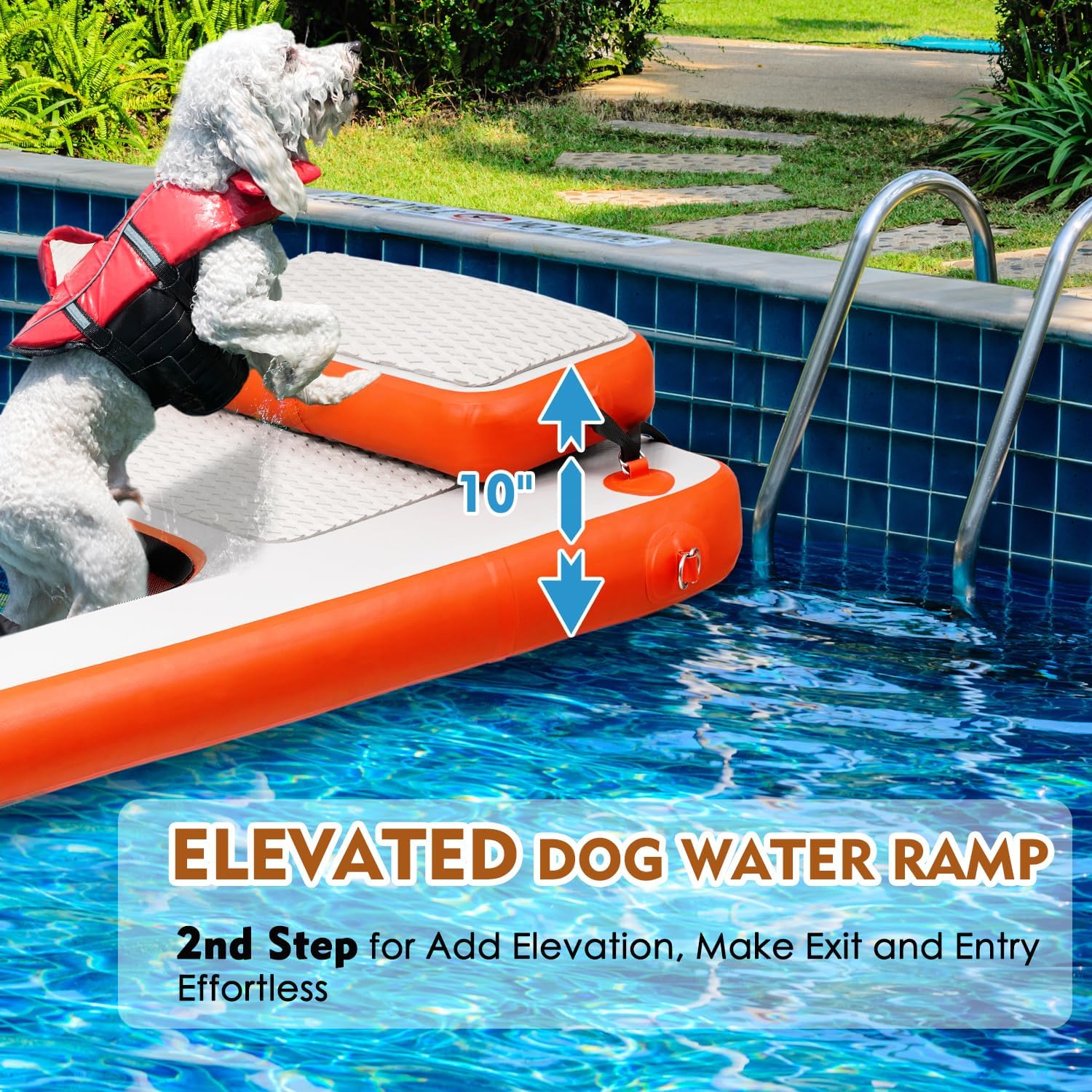 Inflatable Elevated Dog Boat & Pool Ramp, Floating Dog Pupppy-Plank for Pool, Dock & Boat, Non-Slip Dog On Water Ramp with Booster Step, Dog Boat Ladder for Large Dogs Up to 220lbs Climb Out of Water