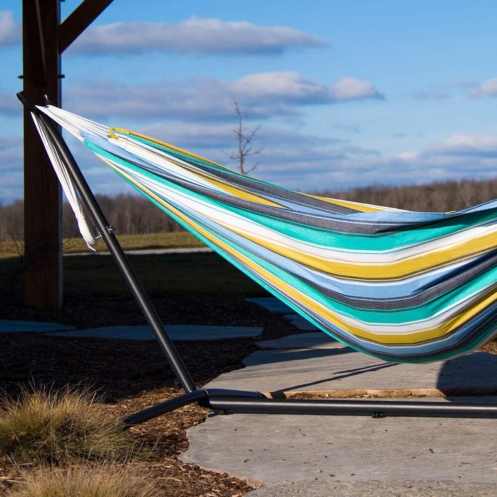 Vivere Double Cotton Hammock with Steel Stand, 450 lb Capacity, Tropical Colors, Includes Premium Carry Bag
