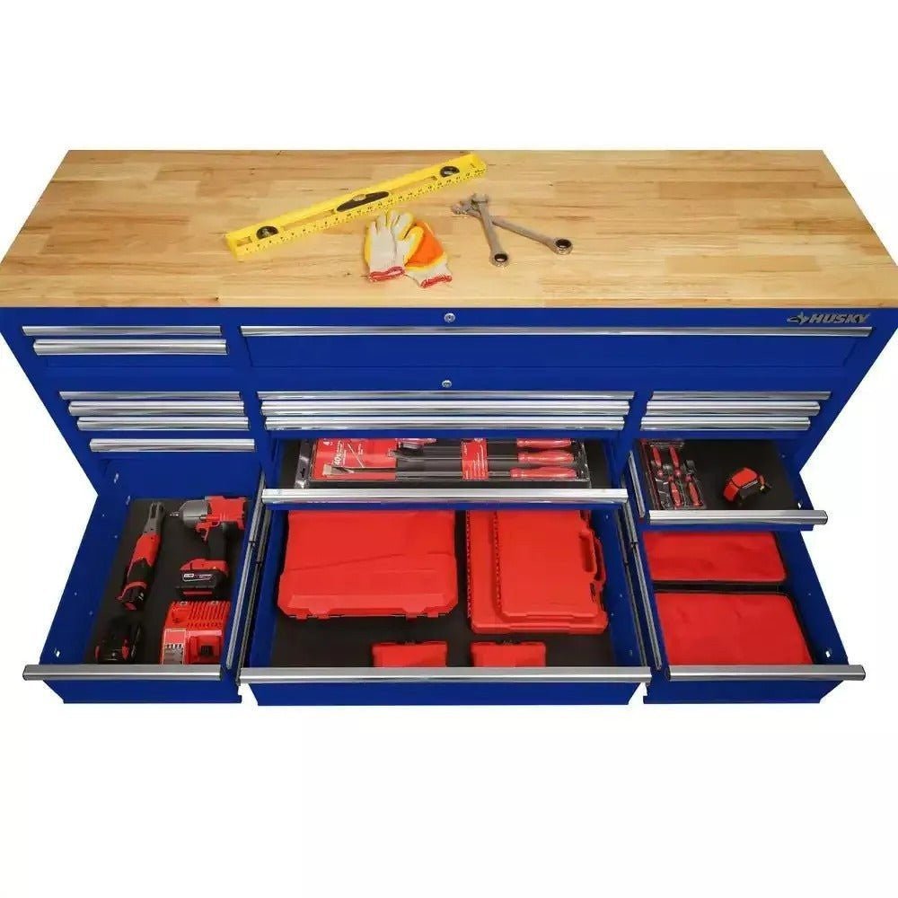 72 in. 18-Drawer Mobile Workbench with Solid Wood Top in Gloss Blue