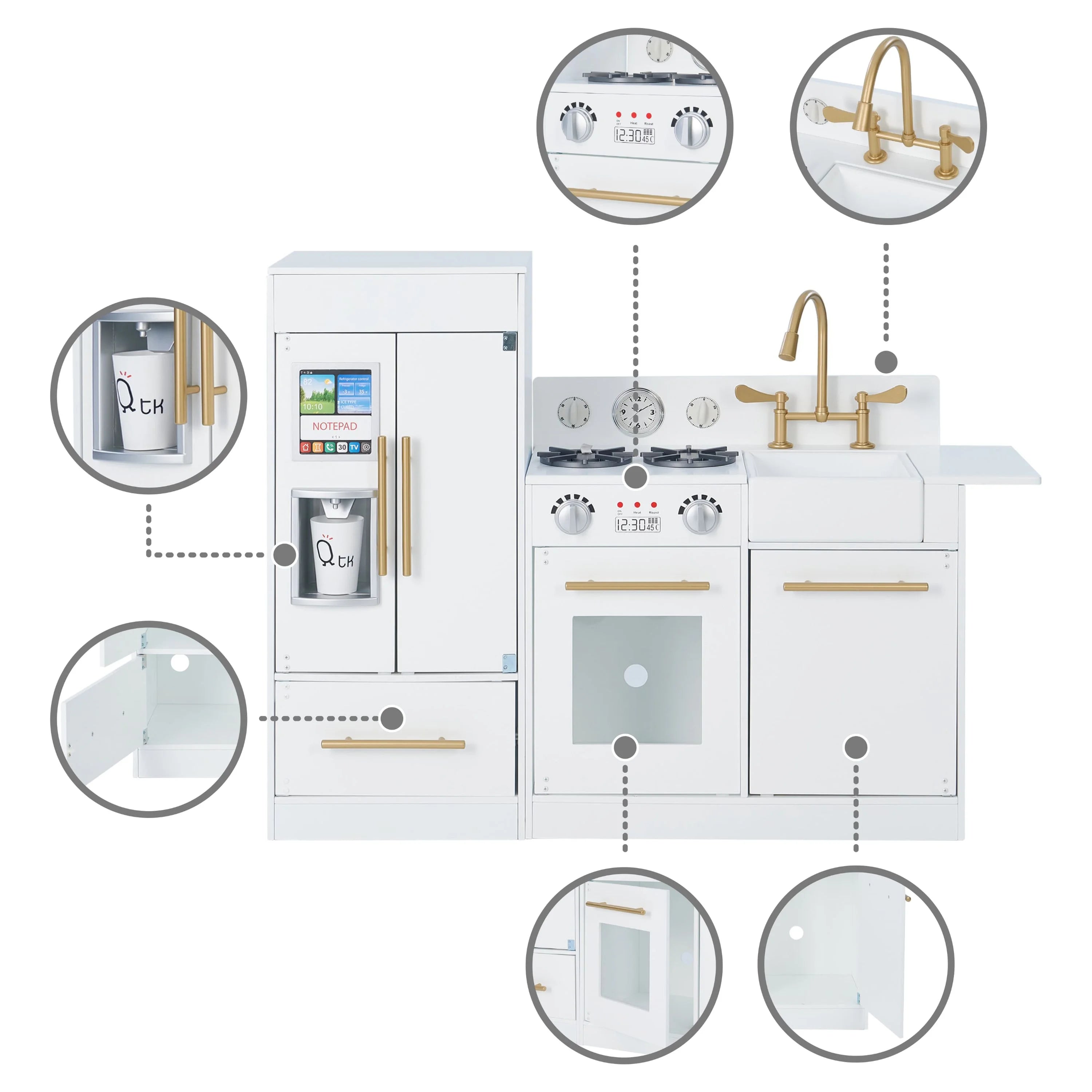 Teamson Kids Little Chef Charlotte Modern Play Kitchen with Free-Standing Refrigerator, Separate Kitchenette Unit, & Interactive Features, White/Gold
