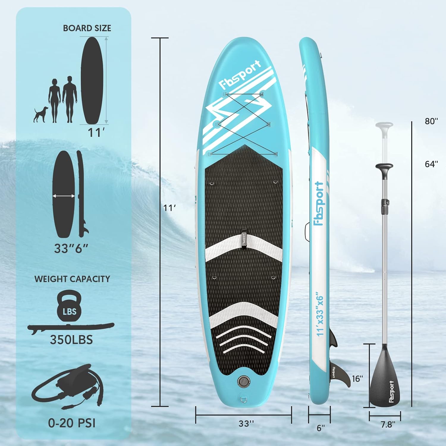 Premium 11FT Inflatable Stand Up Paddle Board, Ice Blue, PVC, Includes Paddle, Leash, Pump & Bag, Supports 350 lbs, for Youth & Adults