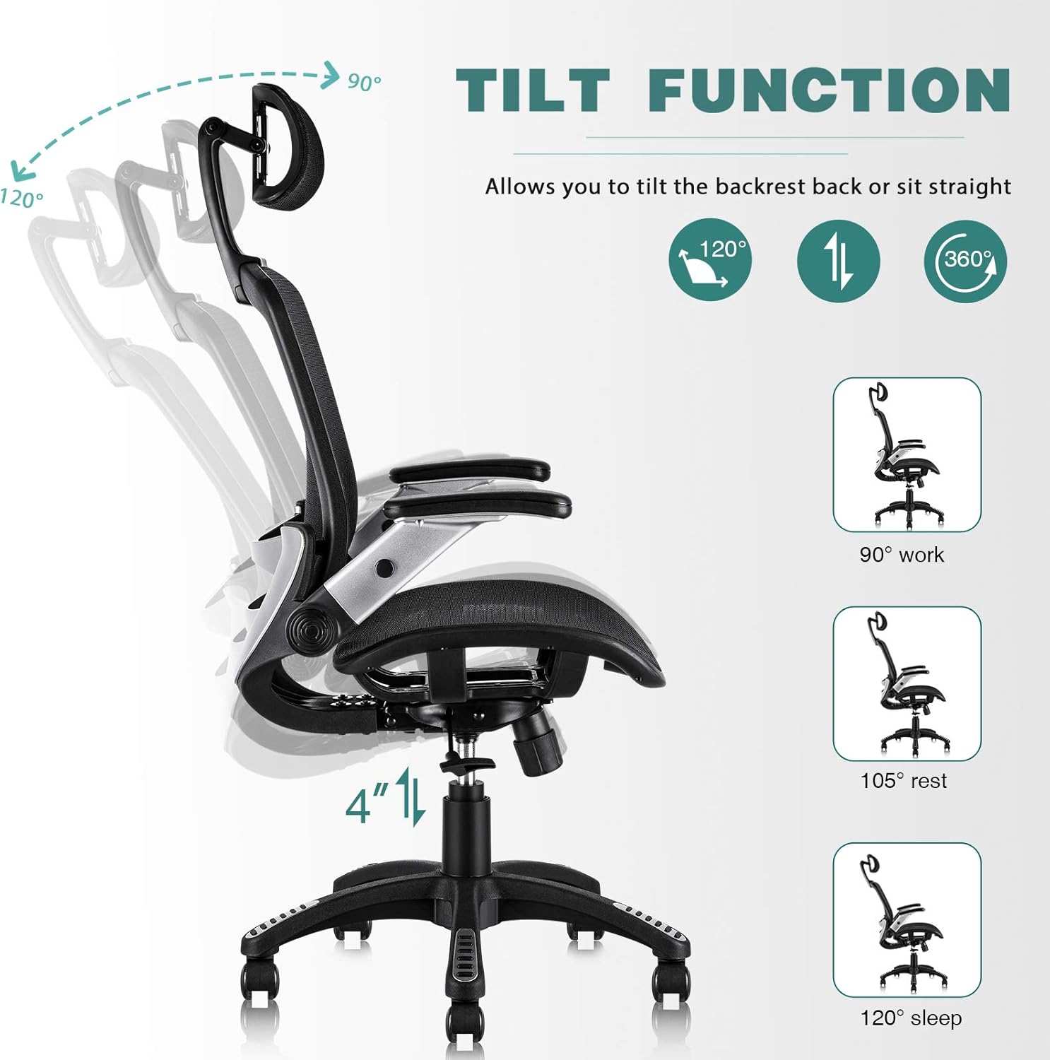 Ergonomic Mesh Office Chair, High Back Desk Chair - Adjustable Headrest with Flip-Up Arms, Tilt Function, Lumbar Support and PU Wheels, Swivel Computer Task Chair