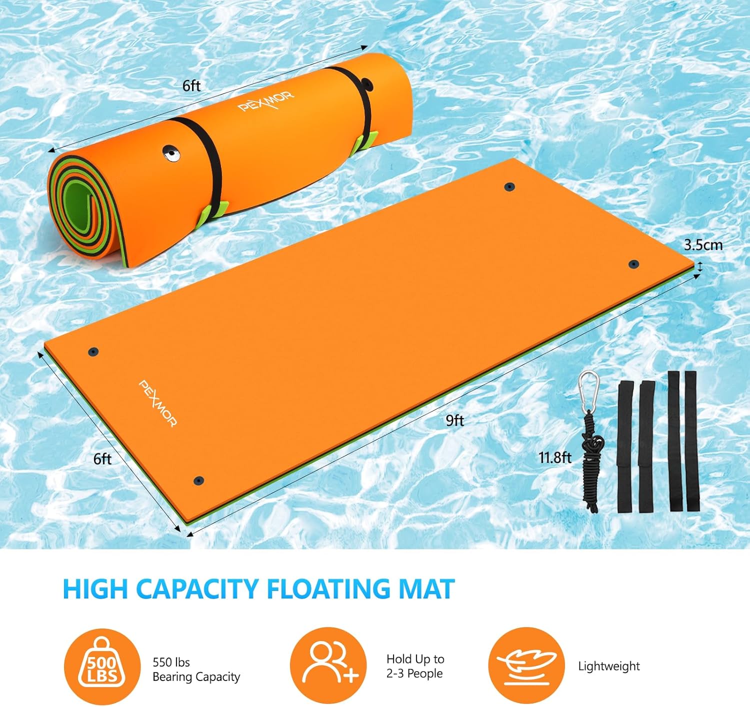 Floating Water Mat, 9/12/18 FT Lily Pad Floating Mat for The Water, 3-Layer XPE Foam Water Floating Island w/Bungee Tether & Storage Straps for Lake Pool Beach River