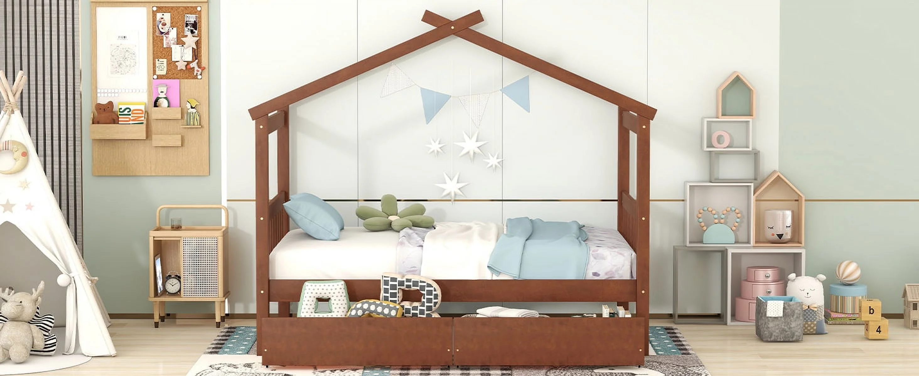 Upgrade your bedroom decor with this cozy and elegant Twin Size Wooden House Bed. Featuring spacious drawers and a stylish walnut finish this bed is the perfect addition to your bedroom.