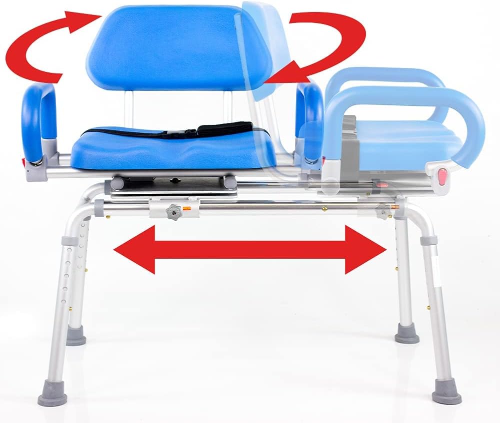 Platinum Health Carousel Sliding Shower Chair, Blue  C Swivel Seat, Padded Arms, Adjustable Transfer Bench for Seniors & Handicap