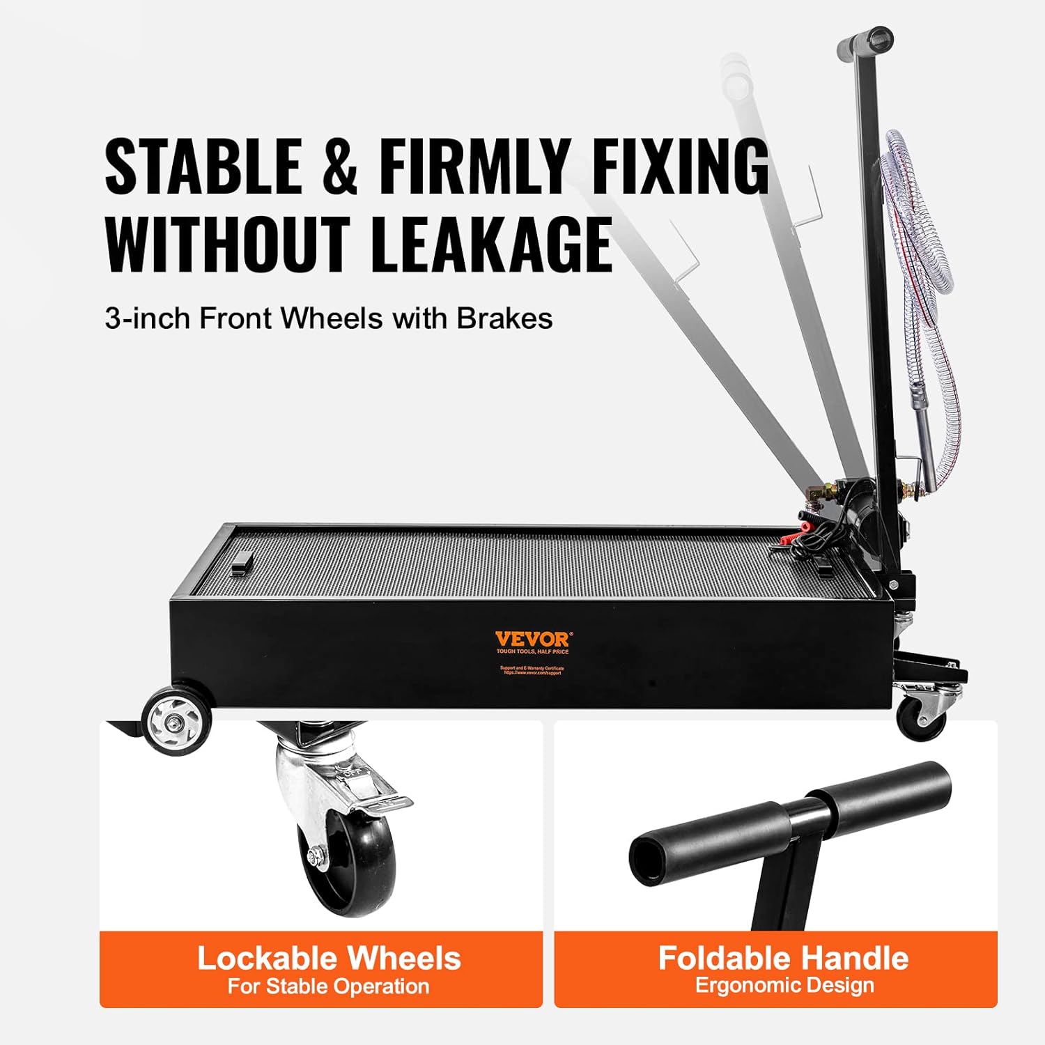 Low-Profile 15 Gallon Oil Drain Pan with 180W Electric Pump, Folding Handle & Wheels for Trucks, Buses, RVs