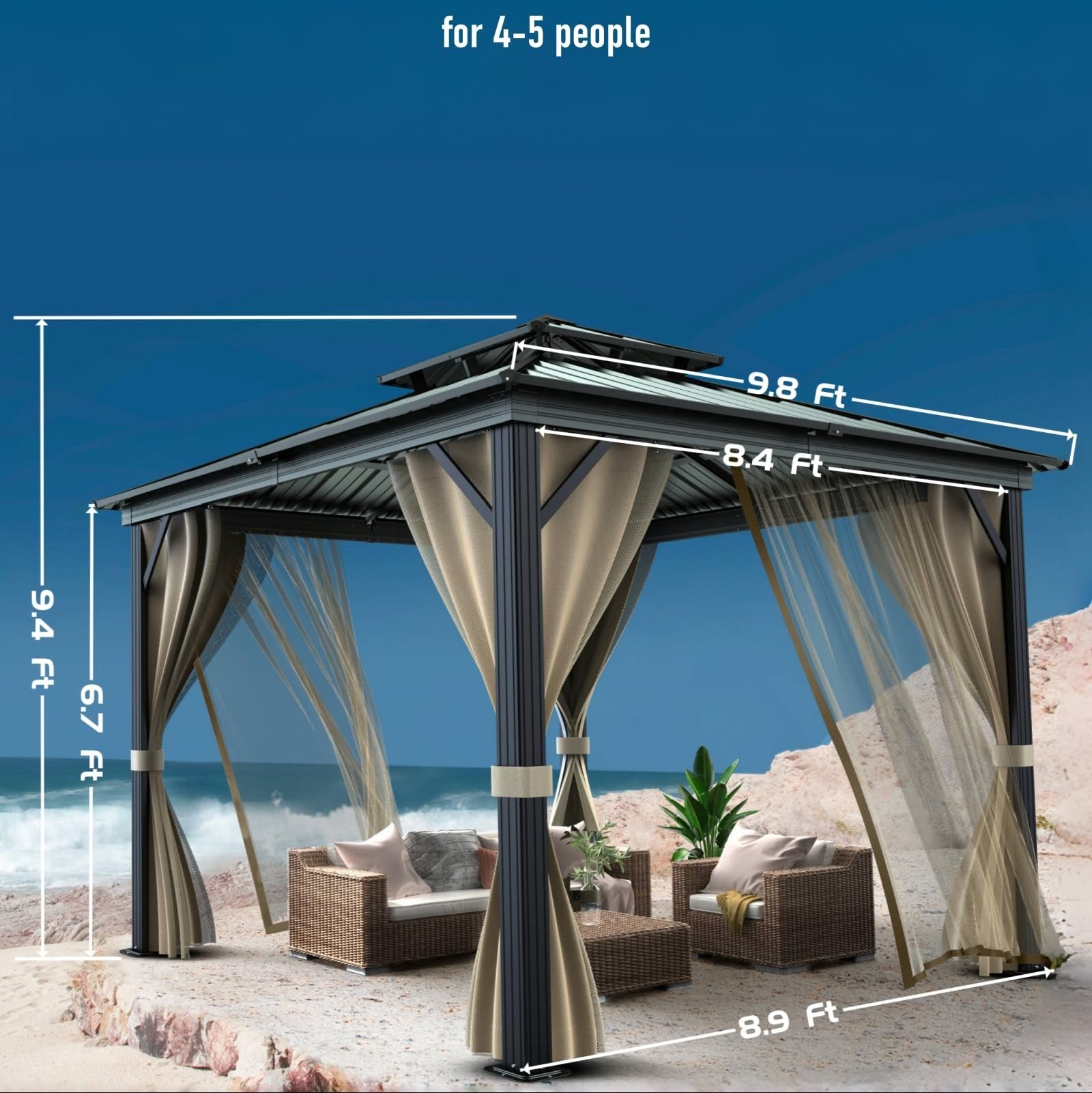 10��x10�� Hardtop Gazebo with double metal roof, aluminum frame, net, and curtain. All-weather, ideal for patio, deck, garden, backyard. Khaki.