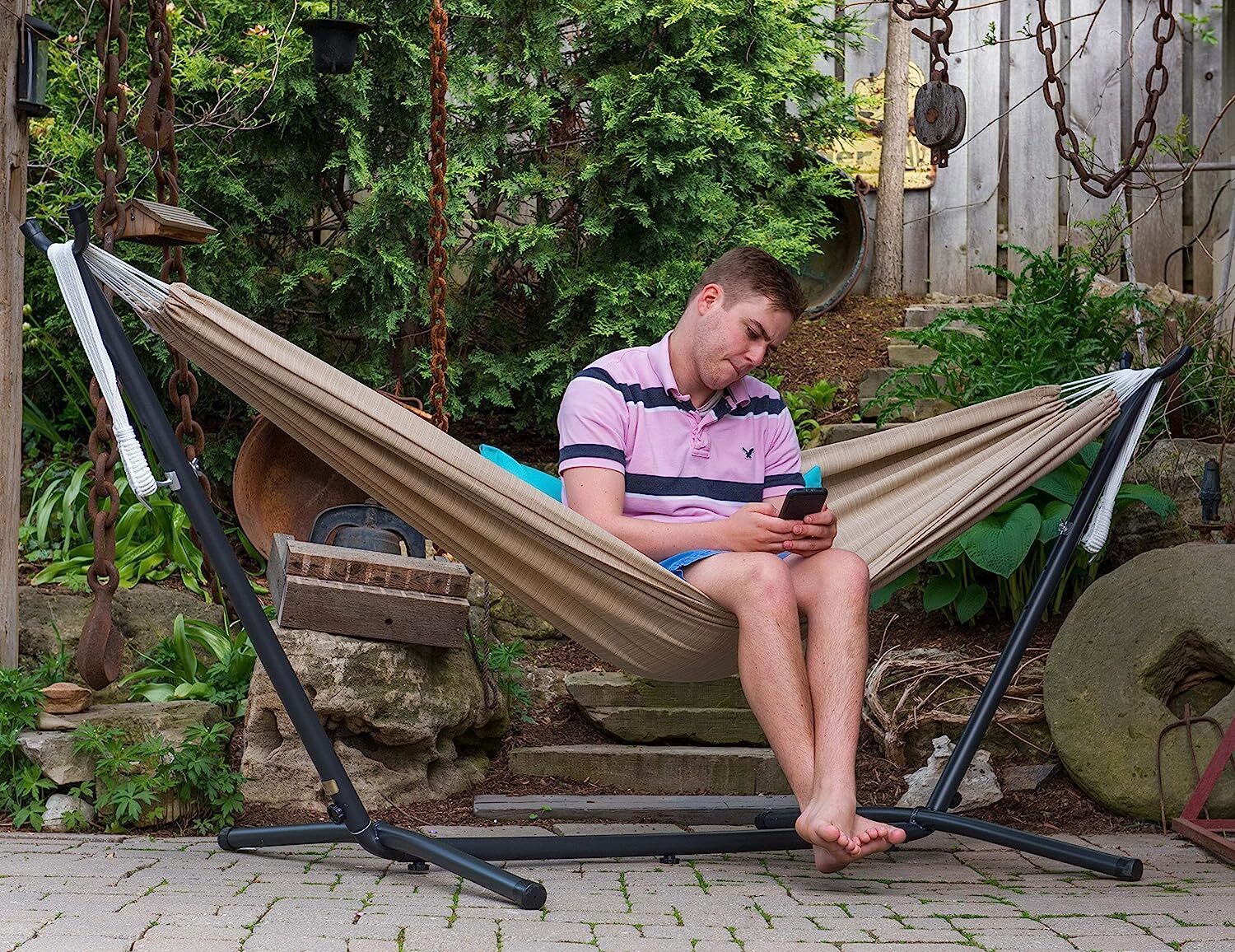 Vivere Double Cotton Hammock with Steel Stand, 450 lb Capacity, Tropical Colors, Includes Premium Carry Bag