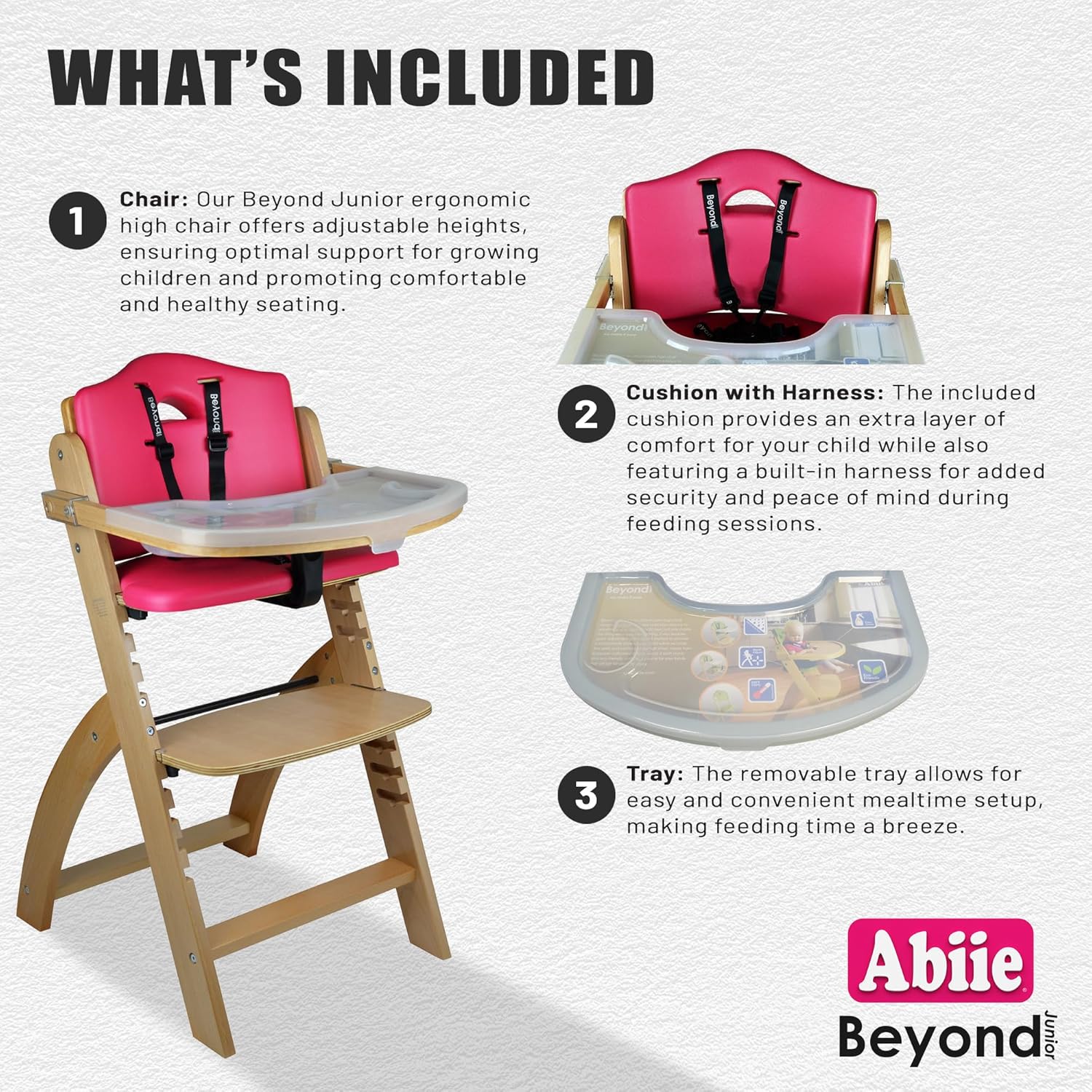 Abiie Beyond Junior High Chair, Adjustable Wood, Dove Grey Cushion, 250 lb Capacity, Stain & Water Resistant