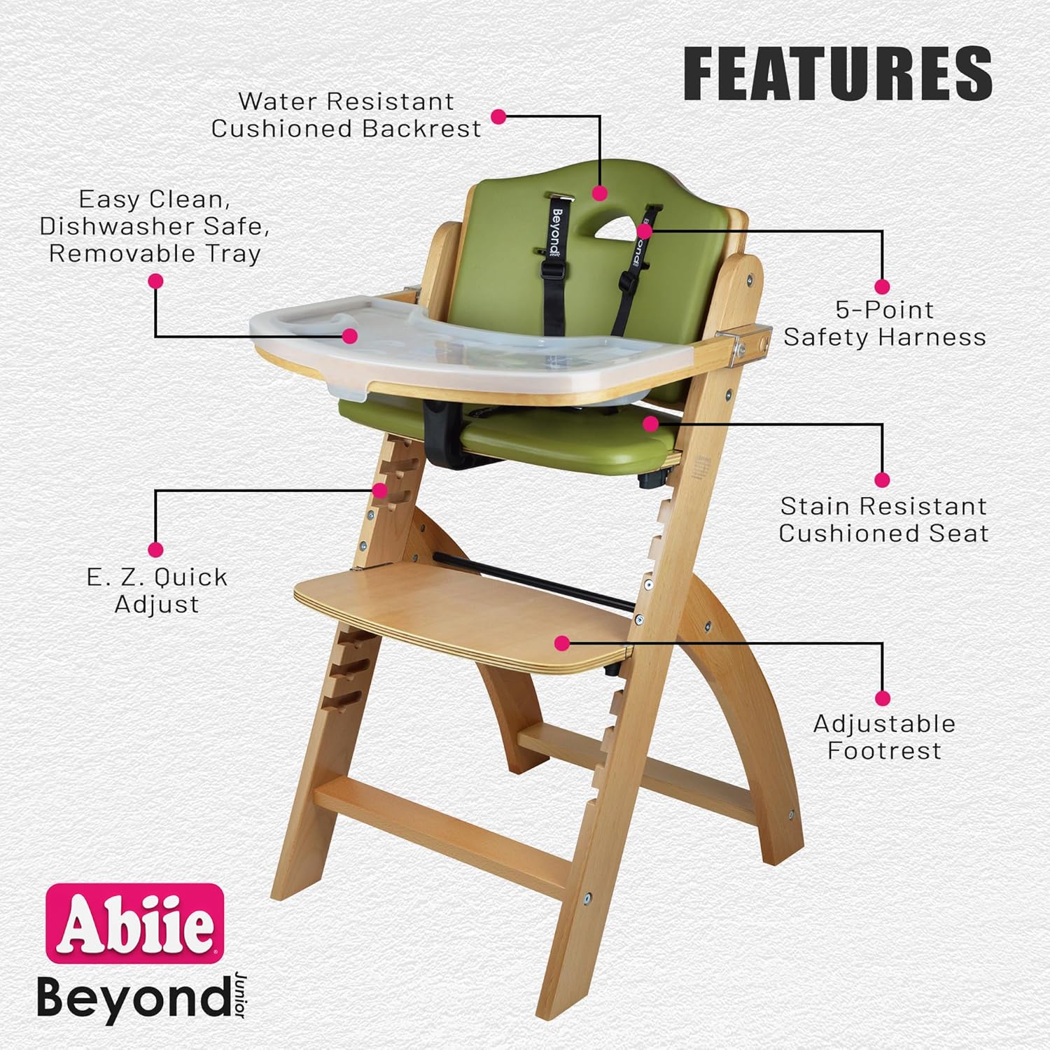 Abiie Beyond Junior High Chair, Adjustable Wood, Dove Grey Cushion, 250 lb Capacity, Stain & Water Resistant