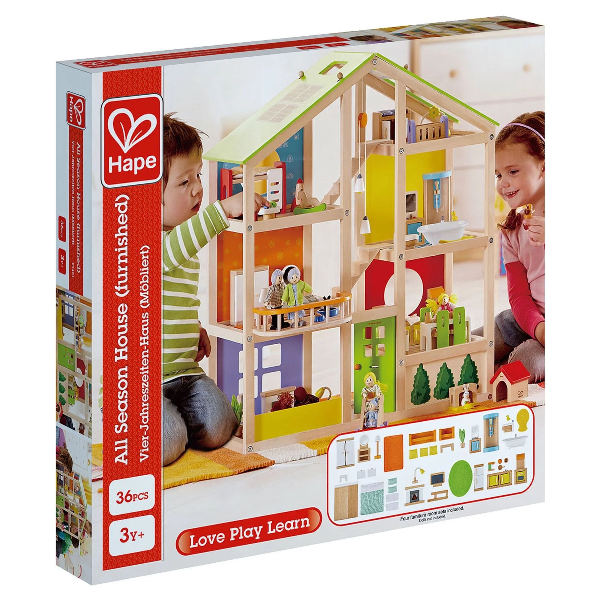 Hape All Seasons Wooden Furnished Dollhouse Playset