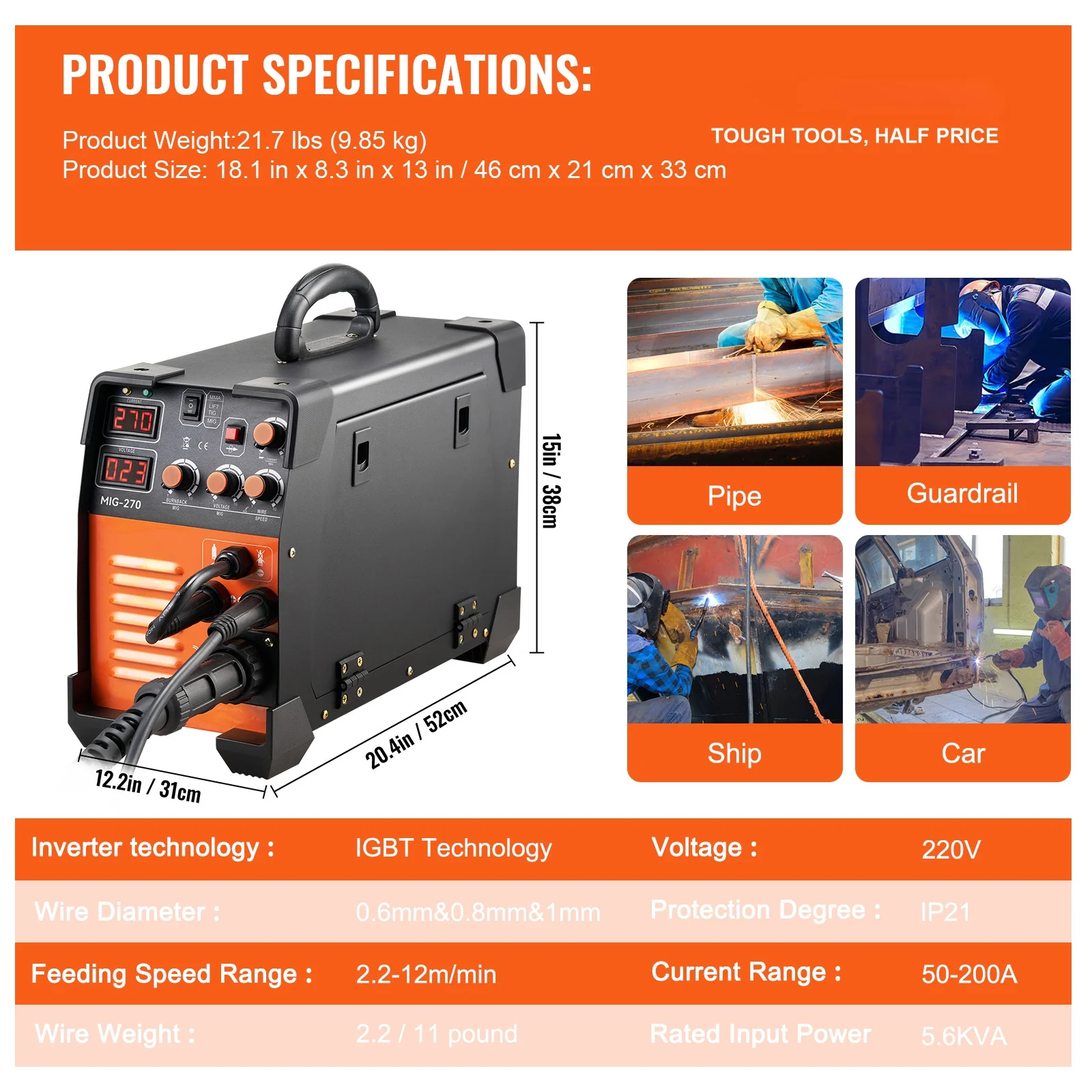 BENTISM MIG Welder, 270A Welding Machine, 110V Flux Core MIG/TIG/MMA 3 in 1 Welder Machine, IGBT Inverter Portable Gasless Welder Equipment